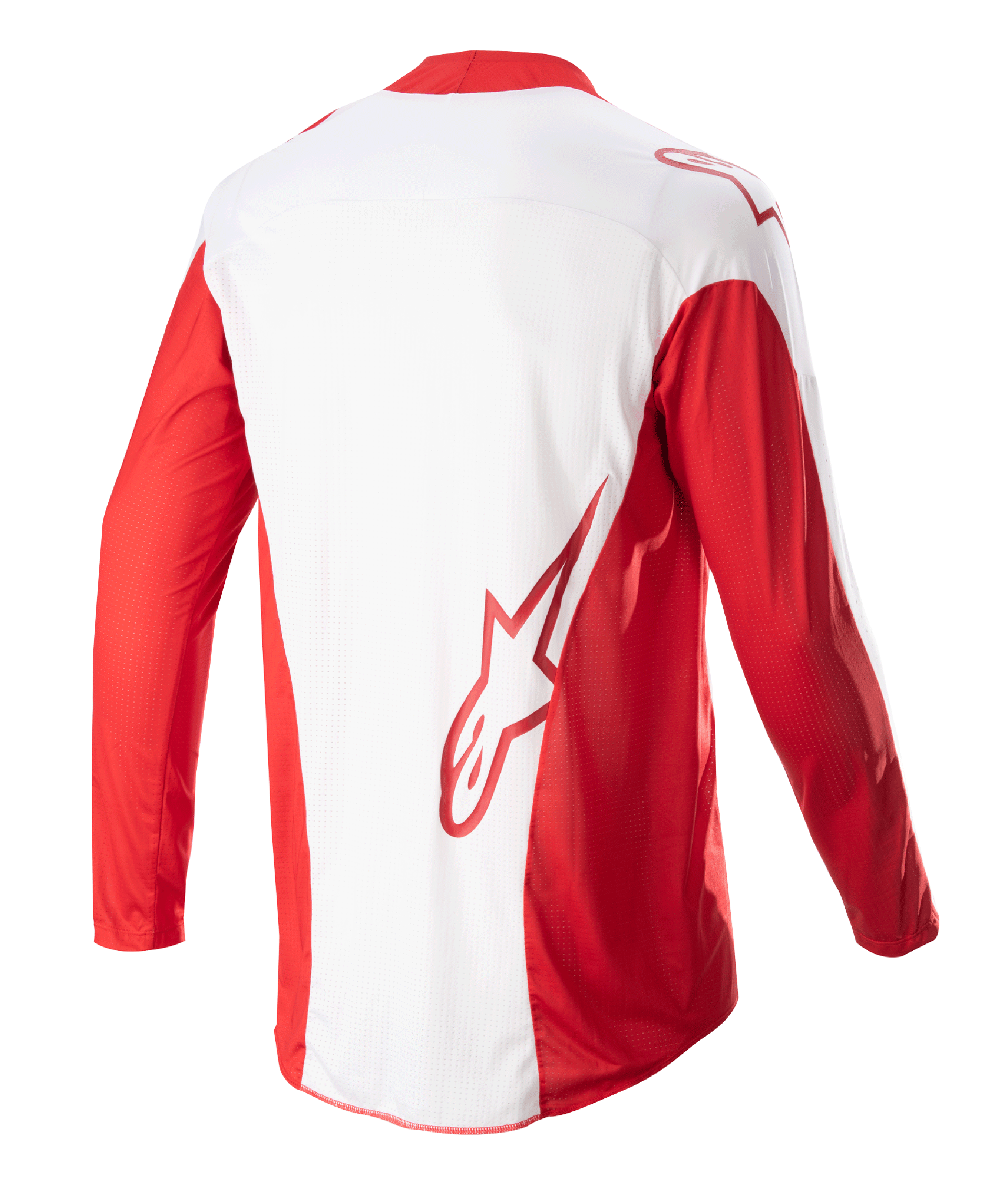 Alpinestars Techstar Arch Jersey 2023, jersey de motocross, rojo Marte y blanco, vista trasera que muestra el panel central blanco y mangas largas rojas, logotipo Astars rojo en la parte inferior de la espalda, paneles de ventilación de malla y parte trasera extendida para cobertura en carreras todoterreno.