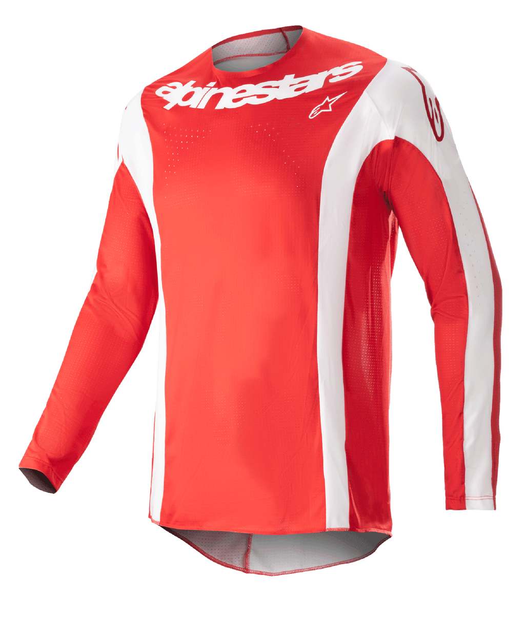 Alpinestars Techstar Arch Jersey 2023, jersey de motocross, rojo Mars y blanco, logotipo de Alpinestars blanco en el pecho, tejido deportivo perforado, manga larga con detalles blancos, diseño deportivo para carreras off-road