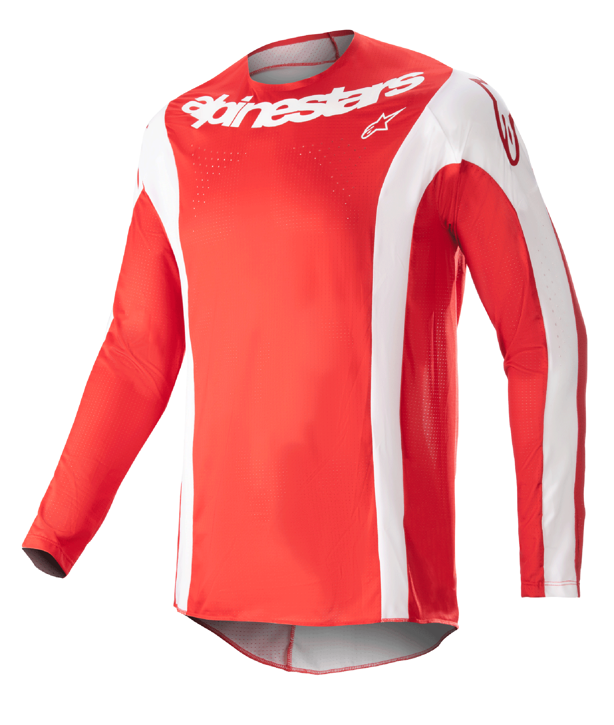 Alpinestars Techstar Arch Jersey 2023, jersey de motocross, rojo Mars y blanco, logotipo de Alpinestars blanco en el pecho, tejido deportivo perforado, manga larga con detalles blancos, diseño deportivo para carreras off-road