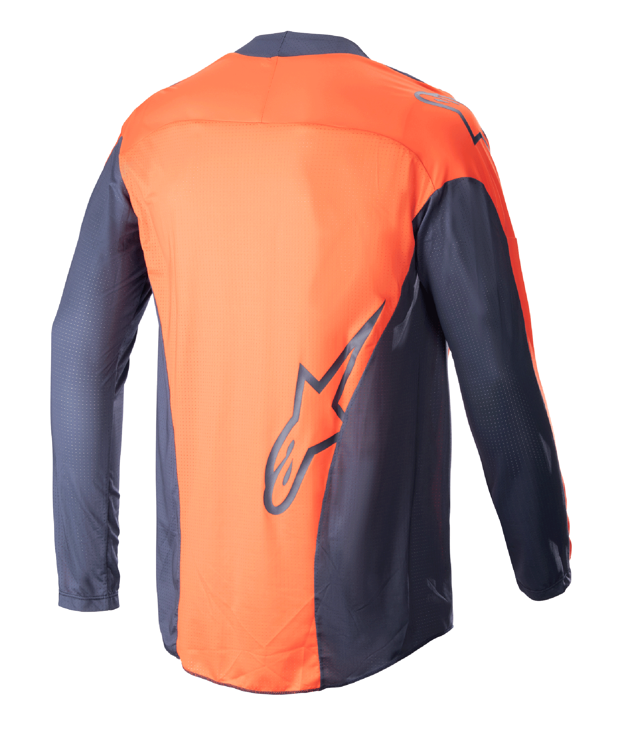 Alpinestars 2023 Techstar Arch Jersey, jersey de motocross, azul noche y naranja intenso, vista trasera, construcción de malla ligera, cuenta con un gran logotipo de Alpinestars en azul marino en la parte inferior de la espalda, parte trasera extendida para mayor cobertura al conducir