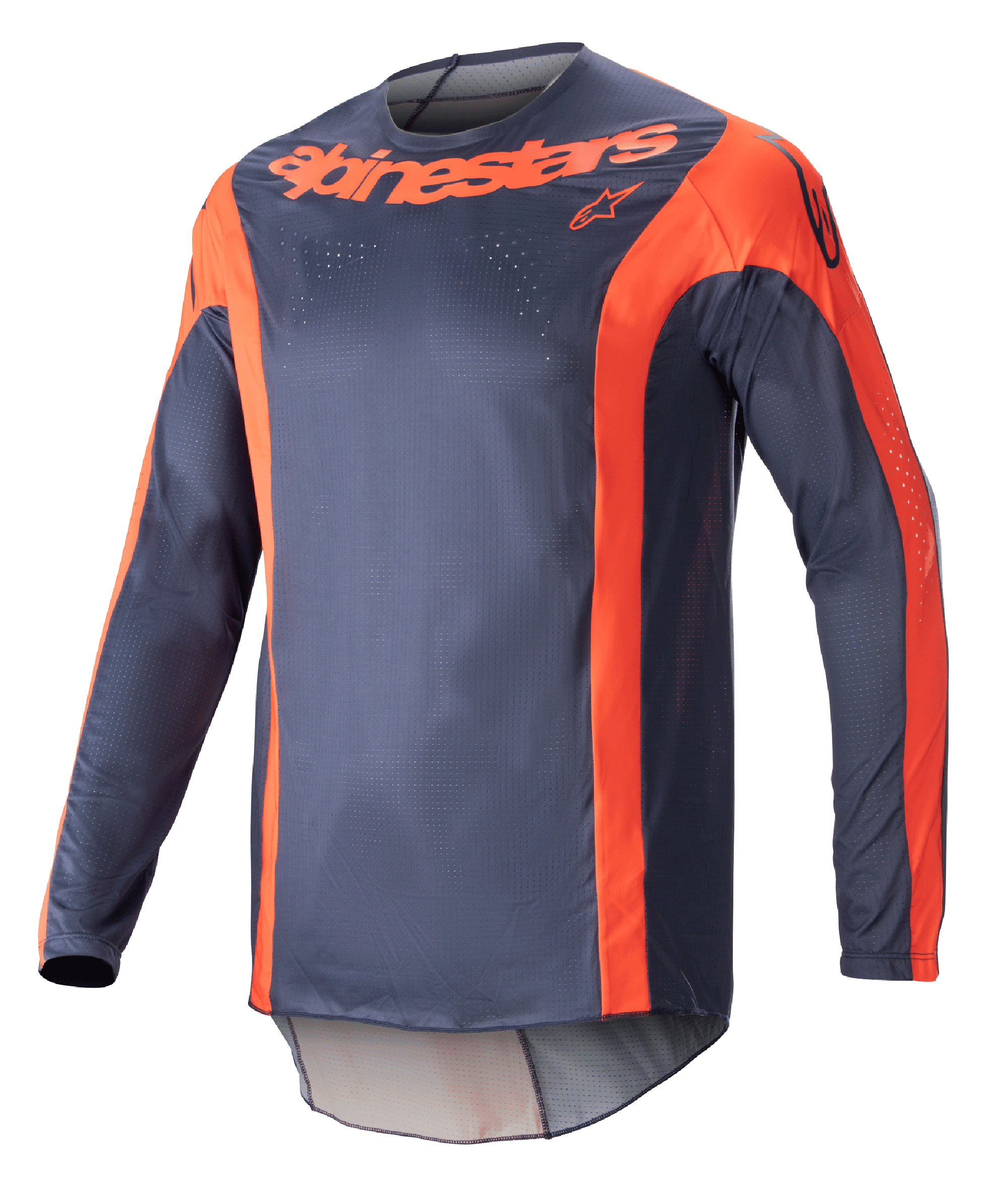 Alpinestars 2023 Techstar Arch Jersey, Long-Sleeve Motocross Jersey, Night Navy and Hot Orange, featuring vertical orange accents and chest branding, lightweight mesh fabric for off-road performance