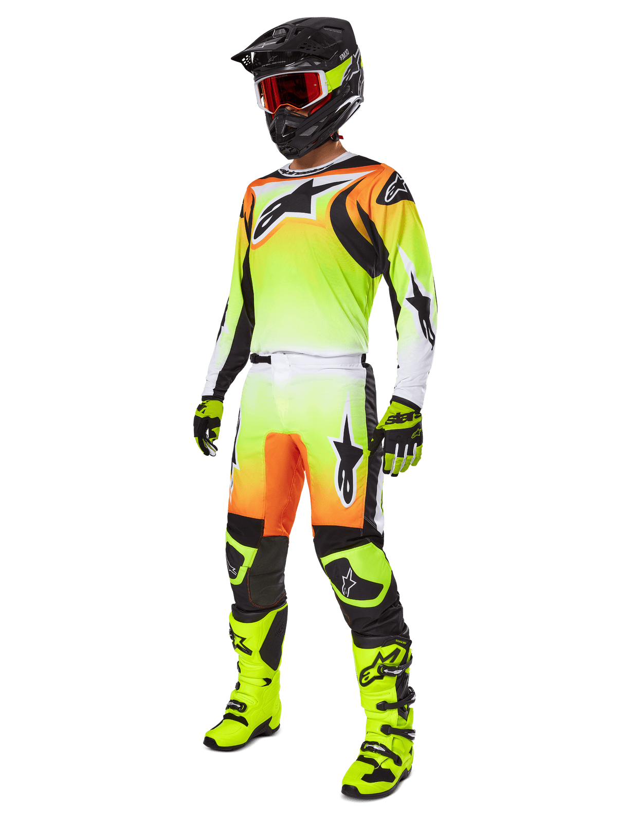 Alpinestars 2025 Fluid Wurx Gear Set, conjunto de competición de motocross, degradado amarillo neón y naranja, kit completo con jersey y pantalones, casco negro con gafas naranjas, botas y guantes amarillo neón, diseño atlético para rendimiento todoterreno