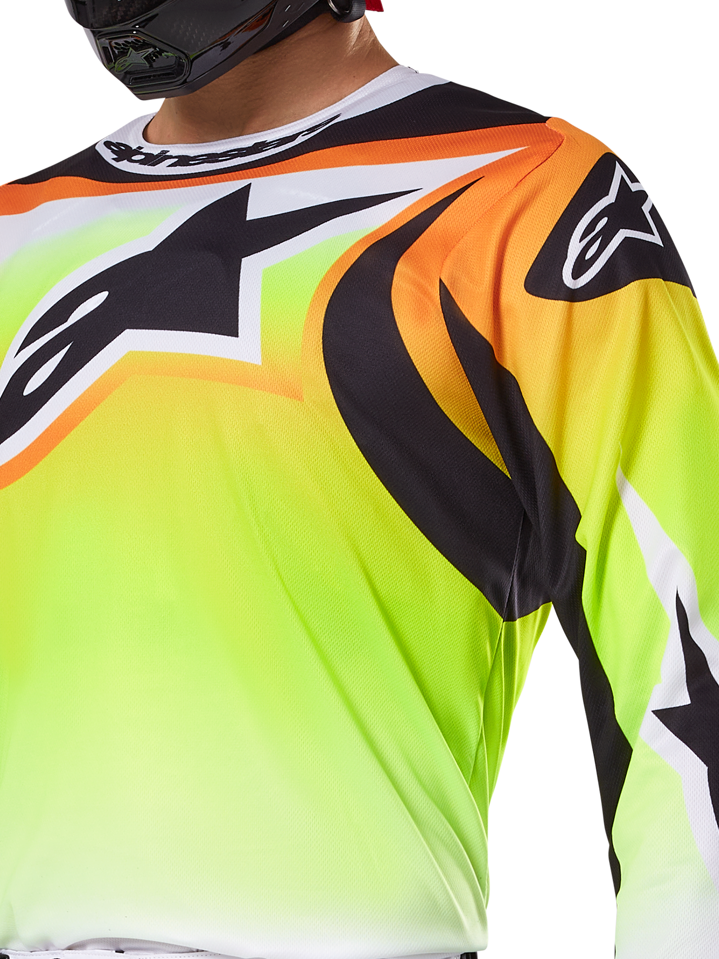 Alpinestars 2025 Fluid Wurx Jersey, jersey de motocross en color amarillo neón con detalles naranja y negro, diseño deportivo con logotipos de la marca, equipamiento de alto rendimiento para pilotos de motocross y off-road.