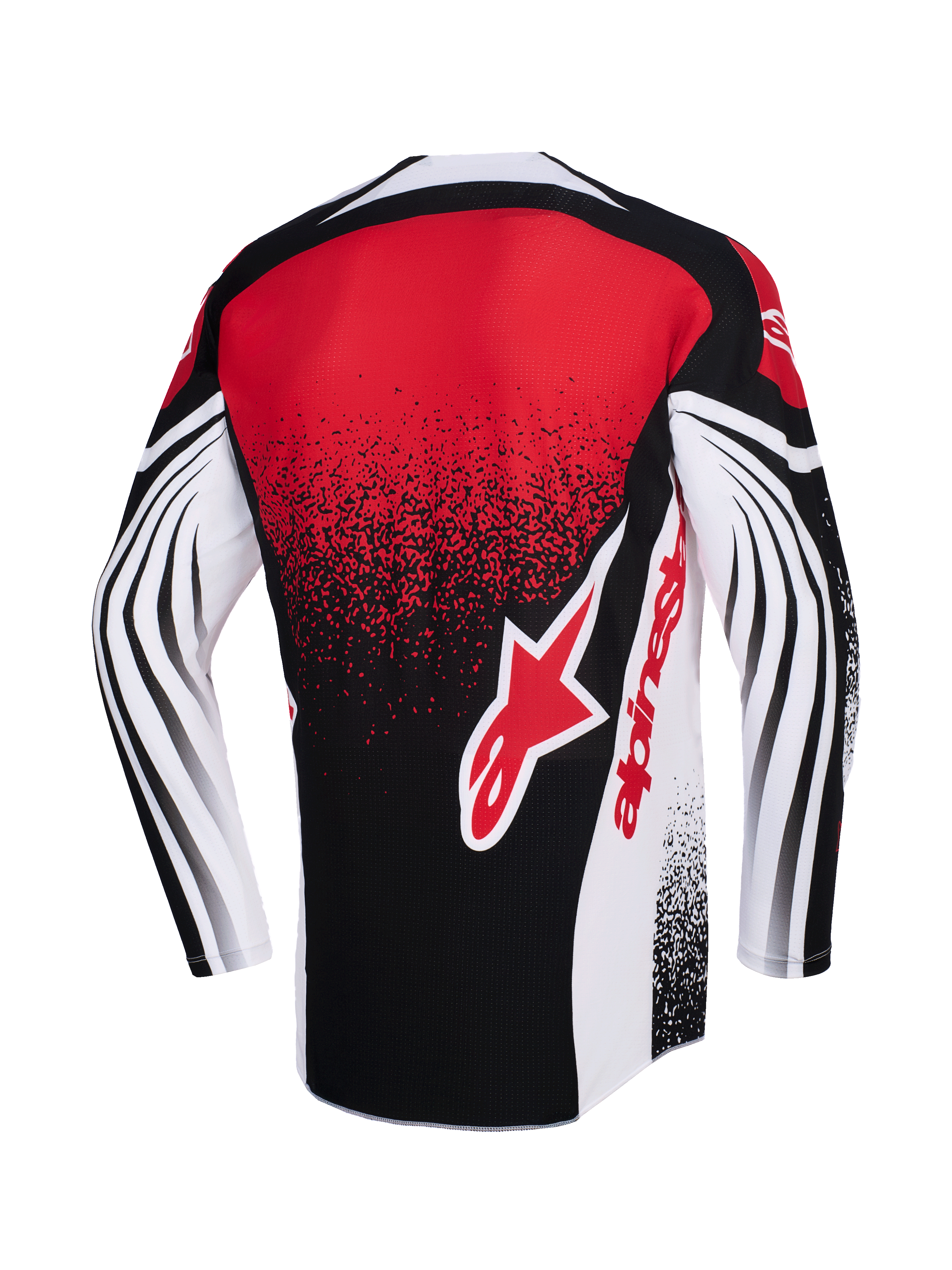 Jersey Alpinestars Techstar Nomur 2026, jersey de motocross, negro, blanco y rojo, vista trasera con un gran logotipo rojo de Alpinestars, efecto de degradado moteado y patrones curvos dinámicos en las mangas largas, ropa técnica de competición
