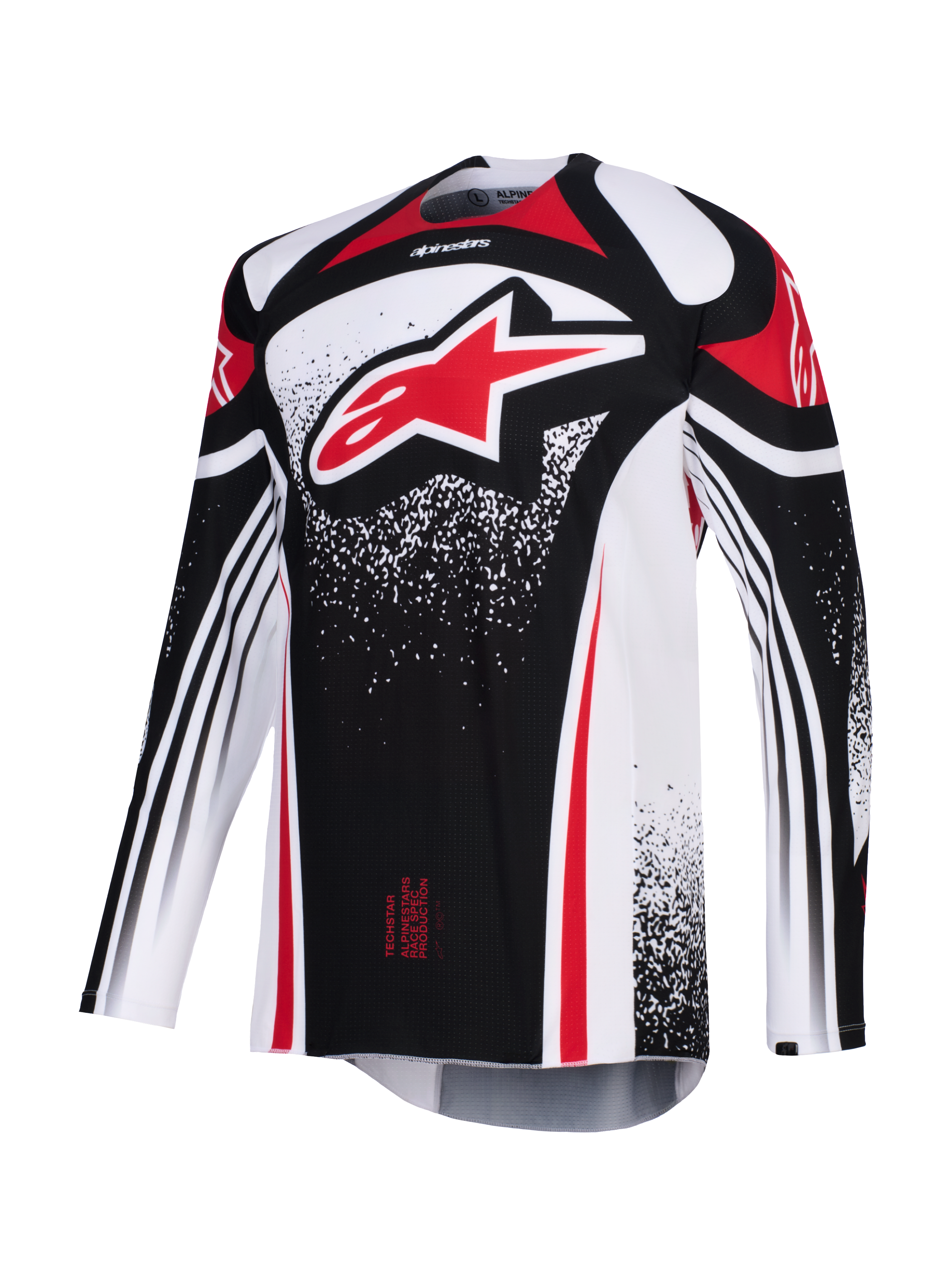 Jersey Alpinestars Techstar Nomur 2026, jersey de motocross, negro, blanco y rojo, con un gran logotipo Astars rojo en el pecho, patrones gráficos punteados, manga larga y un ajuste de carrera atlético para competición off-road de alto rendimiento.