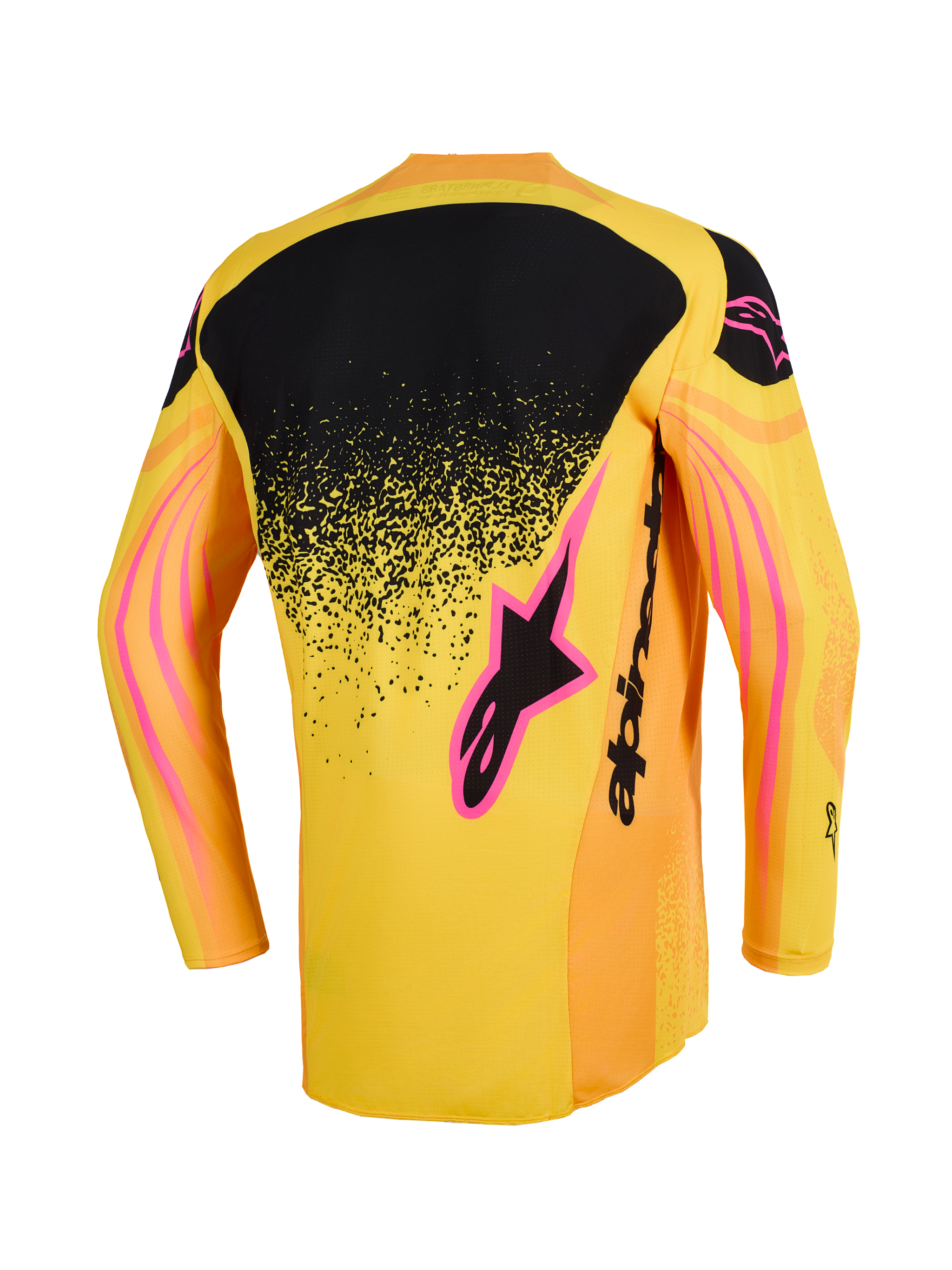 Alpinestars 2026 Techstar Nomur Jersey, jersey de motocross, naranja, amarillo y rosa, vista trasera que muestra un panel superior negro en la espalda con un degradado moteado, acentos del logo en rosa y patrones gráficos ondulados en las mangas.