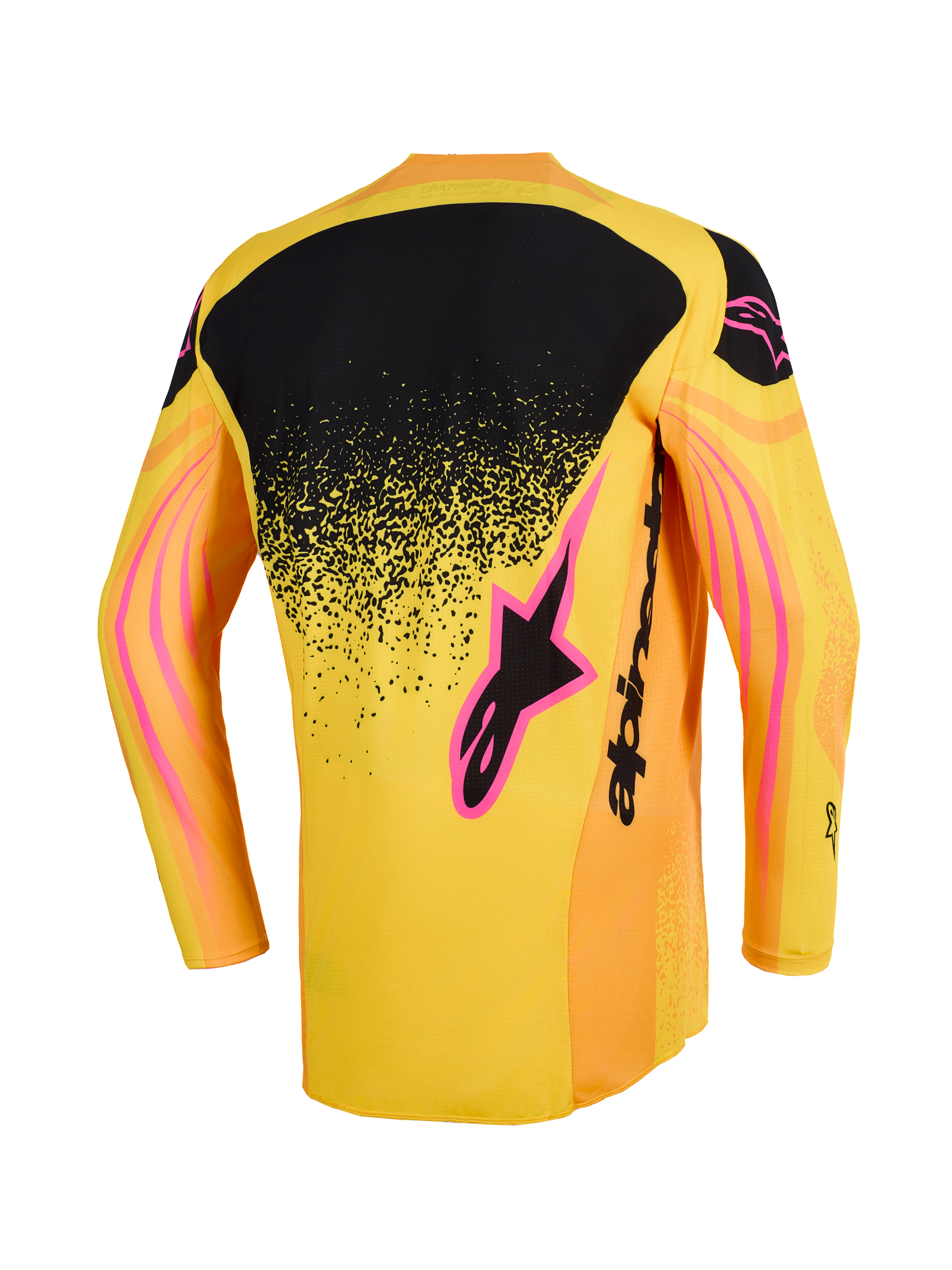 Alpinestars 2026 Techstar Nomur Jersey, Motocross Jersey, Orange Yellow and Pink, rear view featuring a black upper back panel with a speckled gradient, pink logo accents, and wavy graphic patterns on the sleeves.