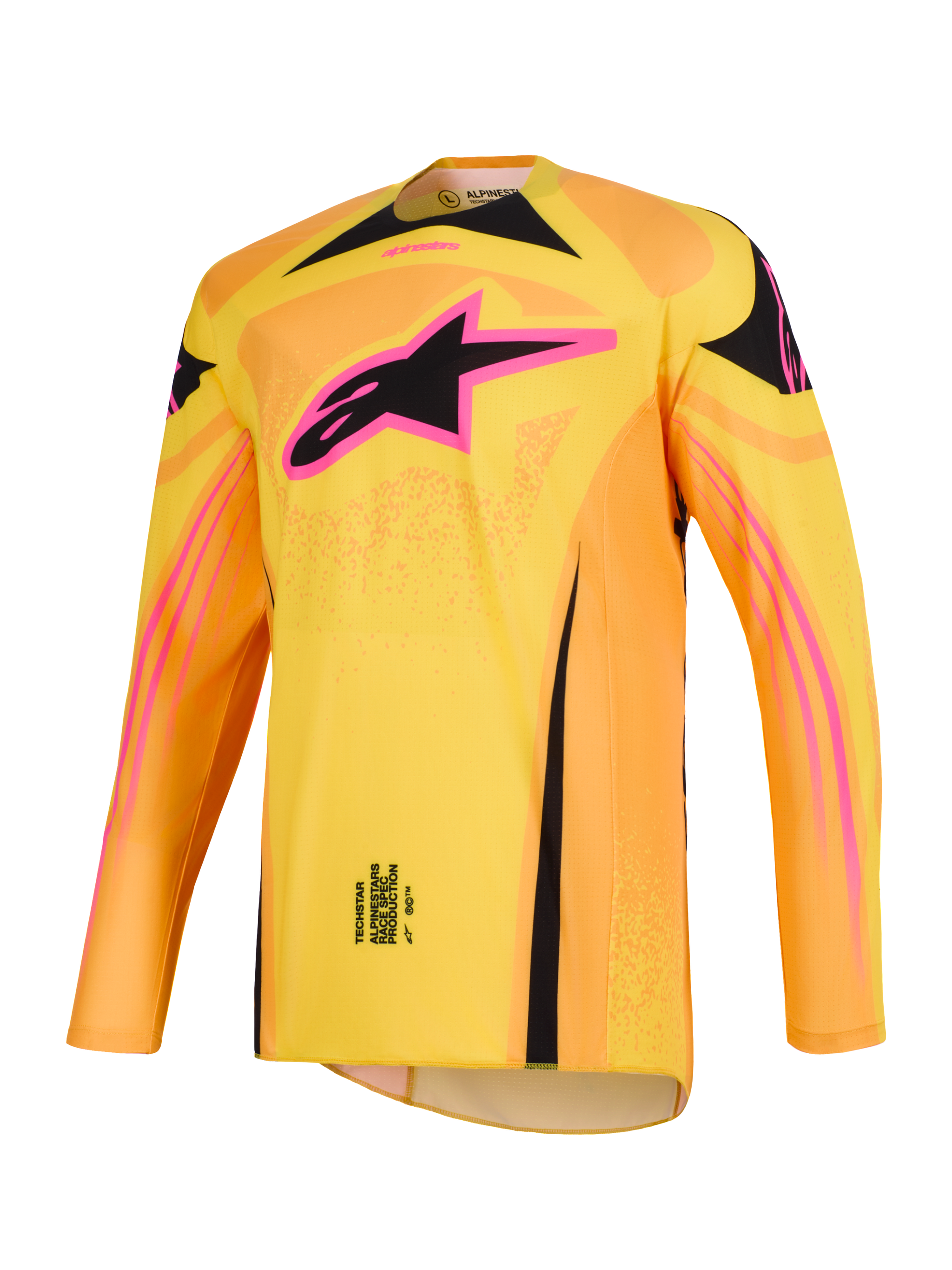 Jersey Techstar Nomur 2026, jersey de motocross en naranja, amarillo y rosa, con un destacado logotipo de la estrella de Alpinestars en rosa y negro en el pecho, ajuste de carrera atlético de manga larga, prenda de competición off-road de alto rendimiento