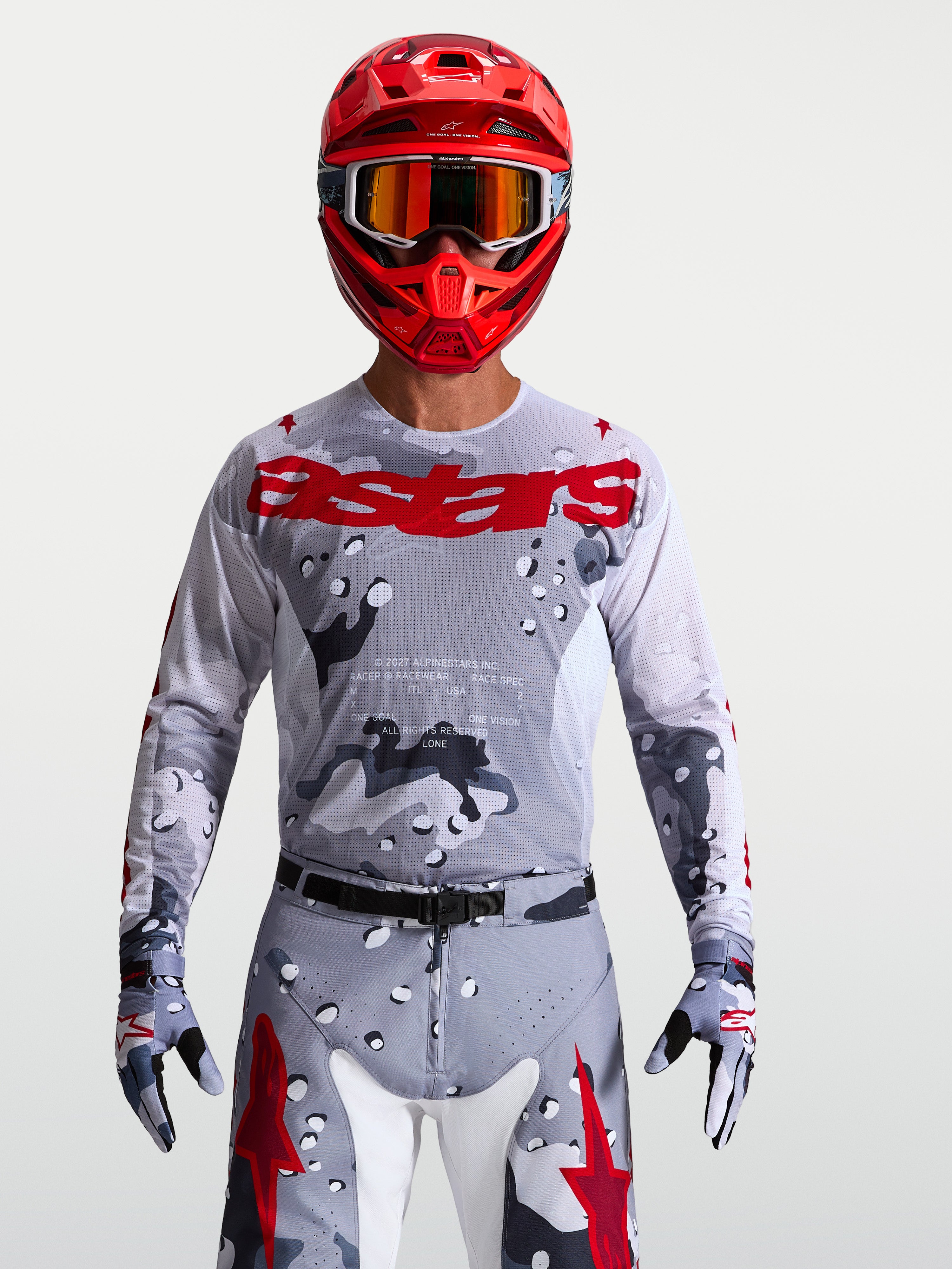 Jersey Racer Air Lone de Alpinestars, jersey de motocross de malla transpirable para hombre, gris camuflaje y rojo fuego