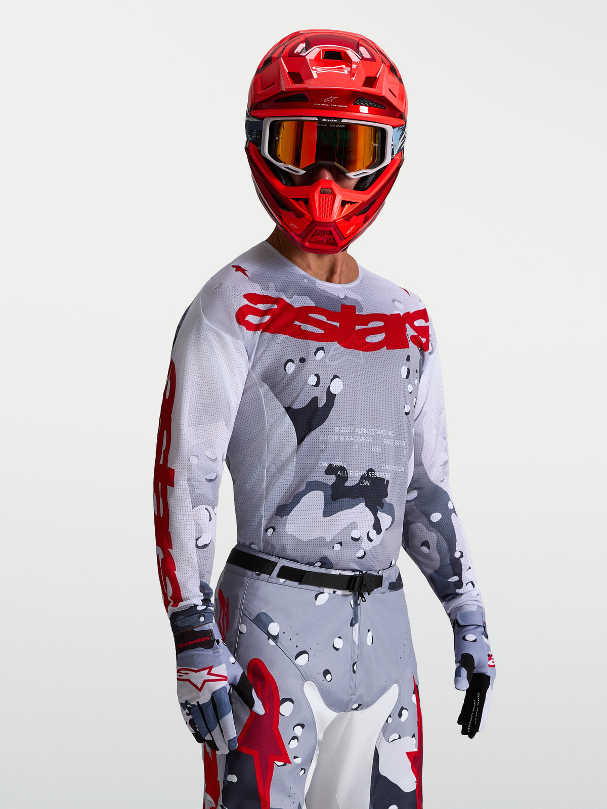 Jersey Alpinestars Racer Air Lone, motocross para hombre, gris camuflaje y rojo, malla transpirable para clima cálido