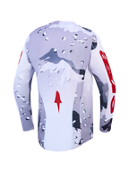 Alpinestars Racer Air Lone Jersey, motocross, vista posterior, camuflaje gris y blanco, detalles rojos, malla ventilada