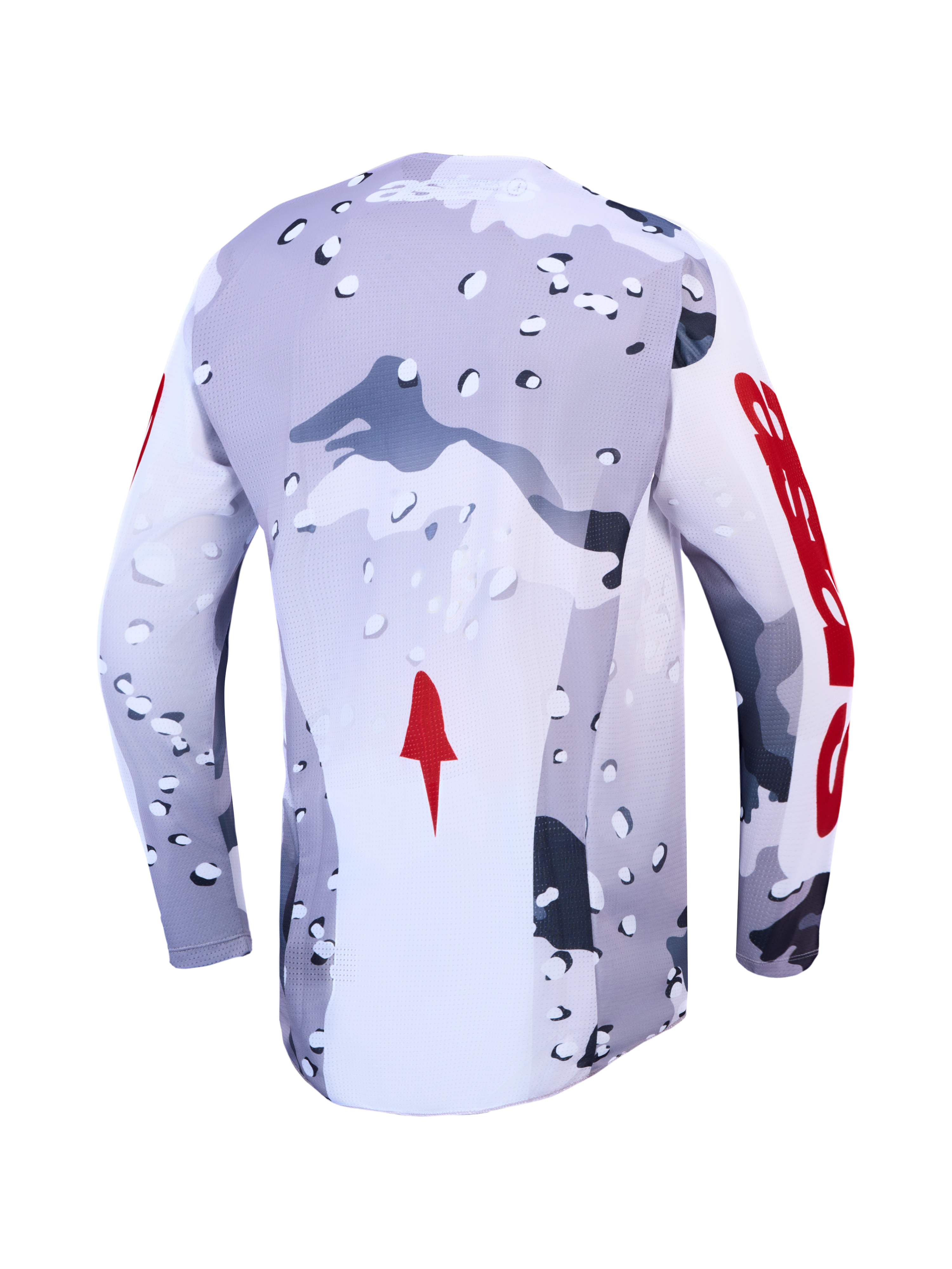 Alpinestars Racer Air Lone Jersey, motocross, vista posterior, camuflaje gris y blanco, detalles rojos, malla ventilada