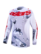 Alpinestars Racer Air Lone, jersey de motocross en gris camo y rojo con malla ventilada para rendimiento off-road
