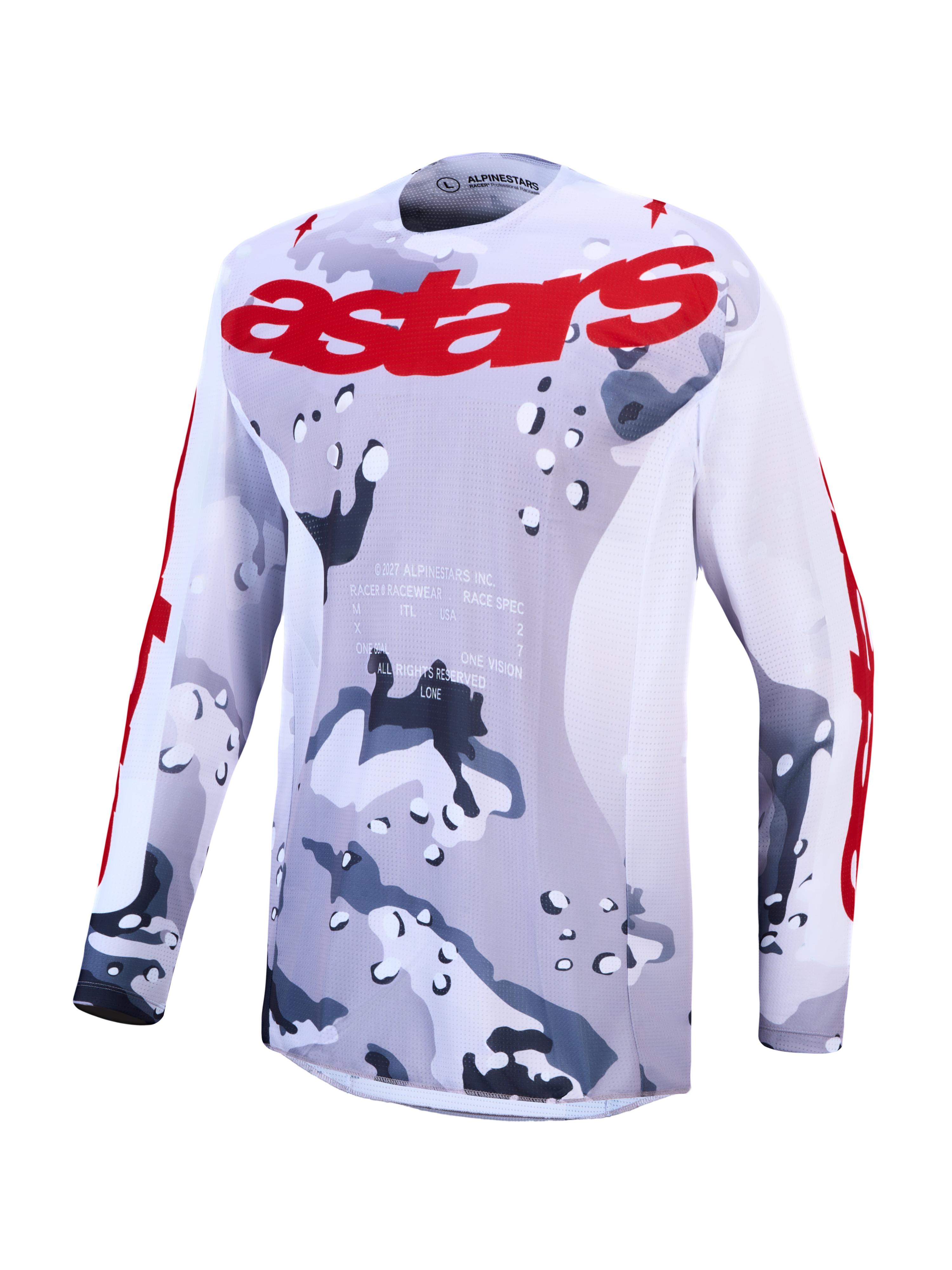 Alpinestars Racer Air Lone, jersey de motocross en gris camo y rojo con malla ventilada para rendimiento off-road