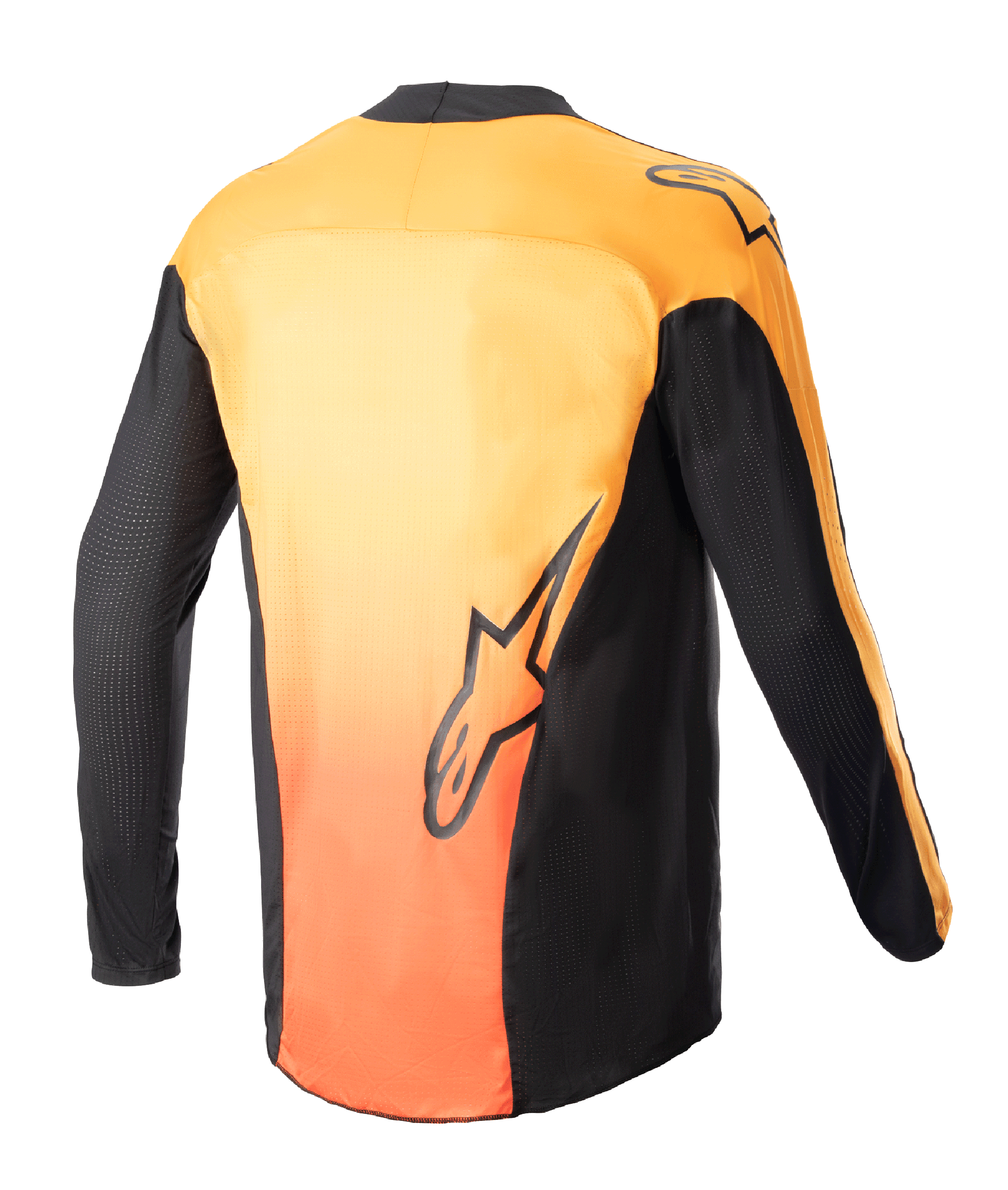 Alpinestars 2023 Techstar Sein Jersey, jersey de motocross, negro y naranja intenso, vista trasera que muestra la espalda con un degradado naranja vibrante con paneles laterales y mangas negras, con gráficos del logotipo de Alpinestars en la parte inferior de la espalda y el hombro