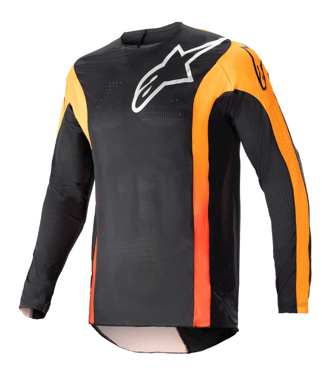 Alpinestars Techstar Sein Jersey 2023, jersey de motocross de manga larga, negro con detalles en naranja vibrante, logo blanco de Alpinestars en el pecho, tejido de malla ligero y transpirable, ajuste atlético de competición