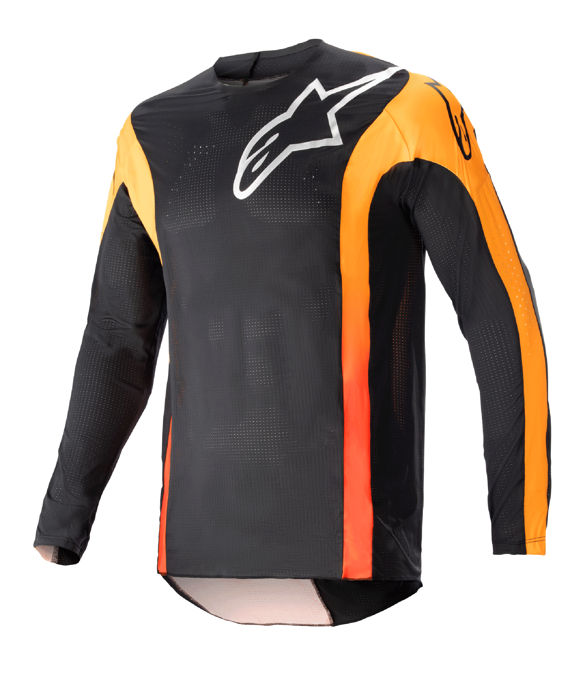 Alpinestars Techstar Sein Jersey 2023, jersey de motocross de manga larga, negro con detalles en naranja vibrante, logo blanco de Alpinestars en el pecho, tejido de malla ligero y transpirable, ajuste atlético de competición