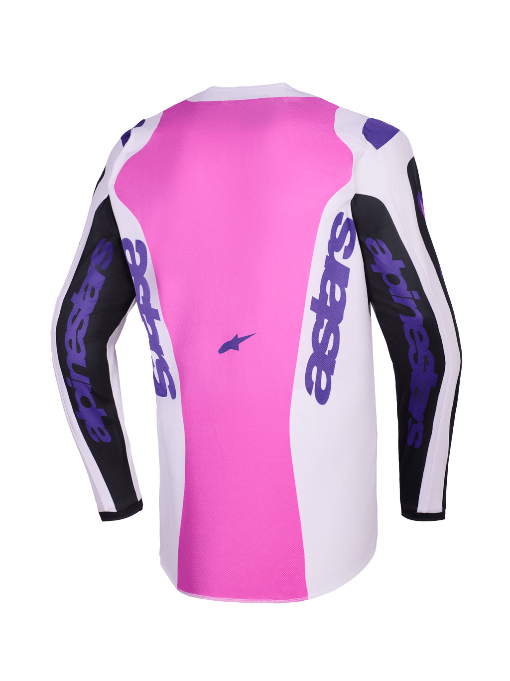 Jersey Alpinestars Fluid Grid 2026, vista trasera, jersey de motocross, negro, gris claro y púrpura, panel central rosa con secciones blancas y negras, marca Alpinestars en púrpura en las mangas y los laterales, construcción de polifabric que absorbe la humedad