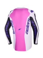 Jersey Alpinestars Fluid Grid 2026, vista trasera, jersey de motocross, negro, gris claro y púrpura, panel central rosa con secciones blancas y negras, marca Alpinestars en púrpura en las mangas y los laterales, construcción de polifabric que absorbe la humedad