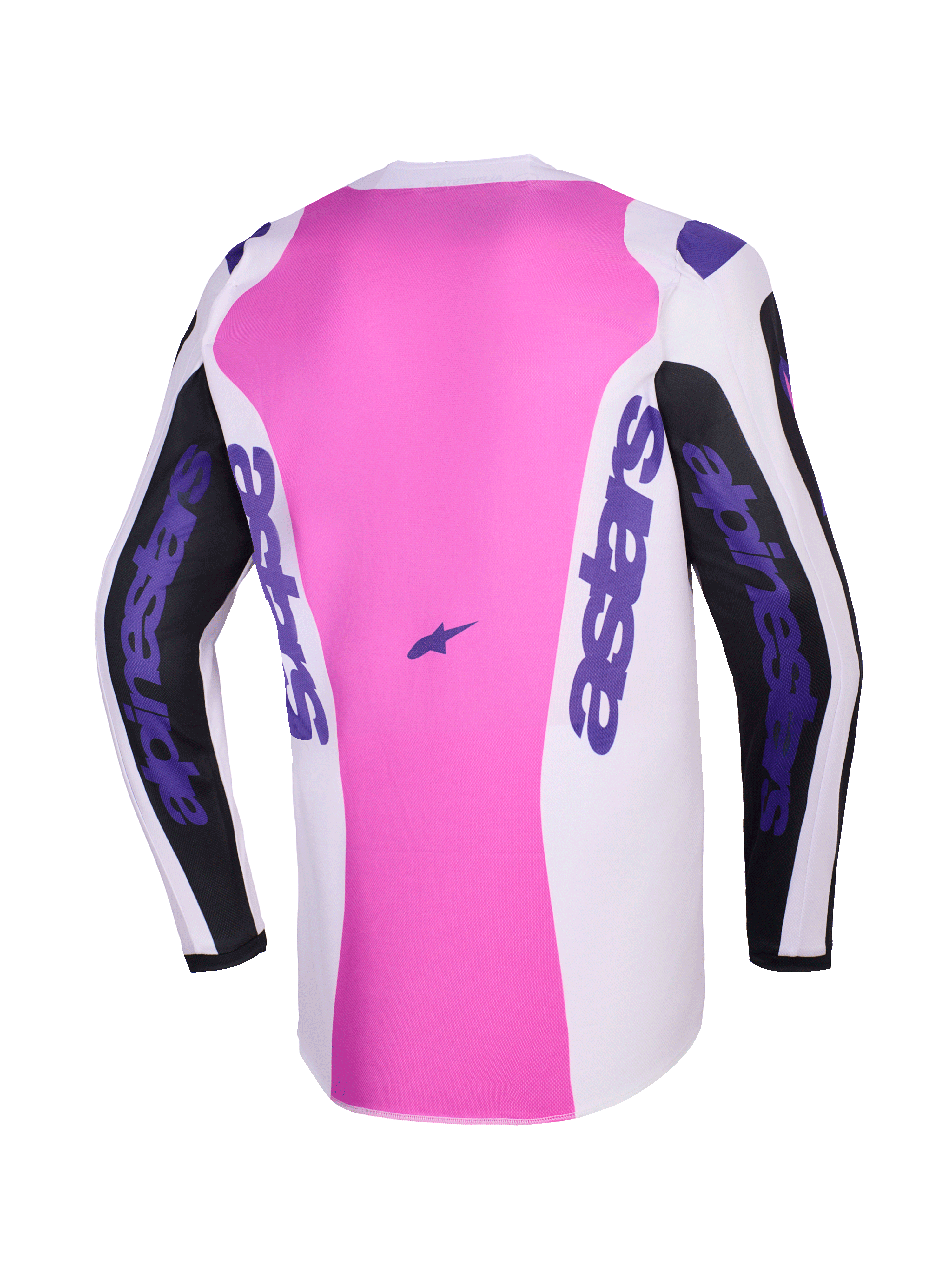 Jersey Alpinestars Fluid Grid 2026, vista trasera, jersey de motocross, negro, gris claro y púrpura, panel central rosa con secciones blancas y negras, marca Alpinestars en púrpura en las mangas y los laterales, construcción de polifabric que absorbe la humedad