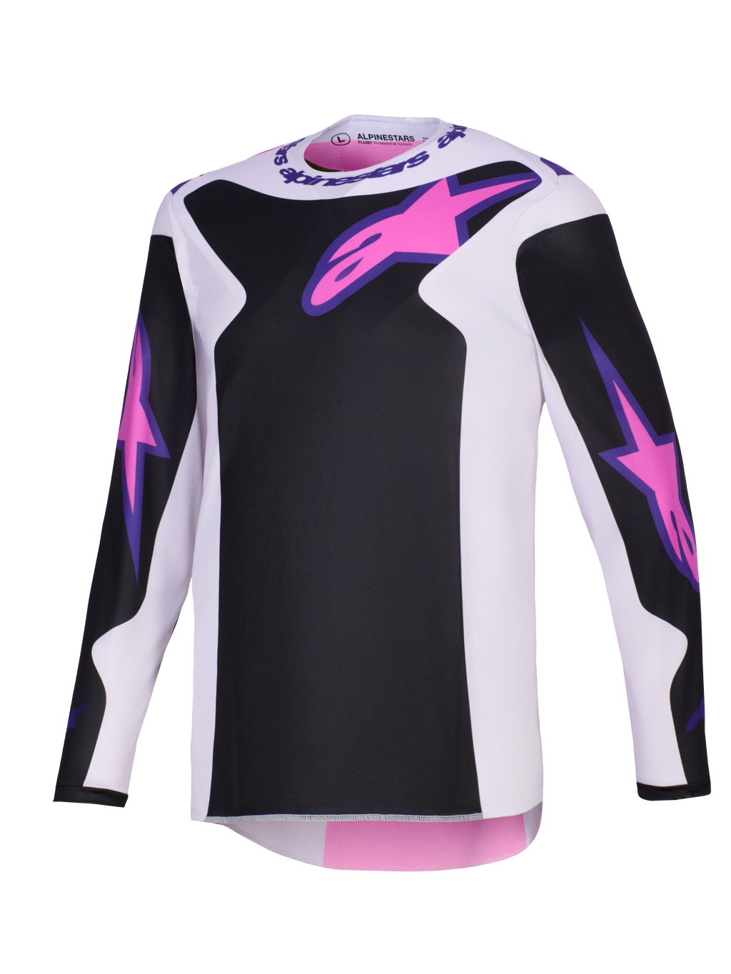Alpinestars 2026 Fluid Grid Jersey, jersey de motocross, negro, gris claro y morado, con logotipos Astars en rosa en el pecho y las mangas, paneles negros sobre una base gris claro, ajuste atlético de manga larga para conducción off-road