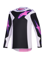 Alpinestars 2026 Fluid Grid Jersey, jersey de motocross, negro, gris claro y morado, con logotipos Astars en rosa en el pecho y las mangas, paneles negros sobre una base gris claro, ajuste atlético de manga larga para conducción off-road