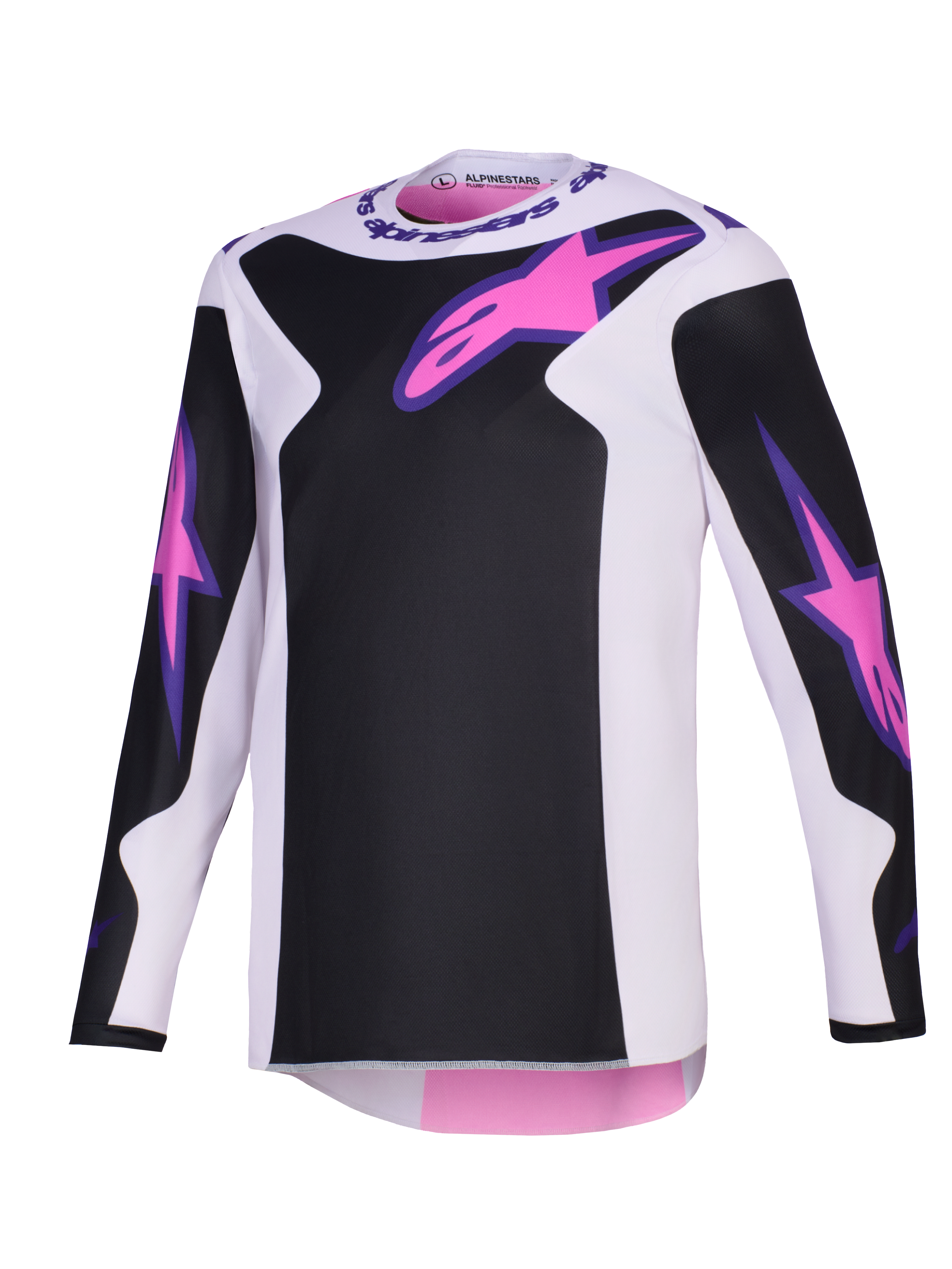 Alpinestars 2026 Fluid Grid Jersey, jersey de motocross, negro, gris claro y morado, con logotipos Astars en rosa en el pecho y las mangas, paneles negros sobre una base gris claro, ajuste atlético de manga larga para conducción off-road