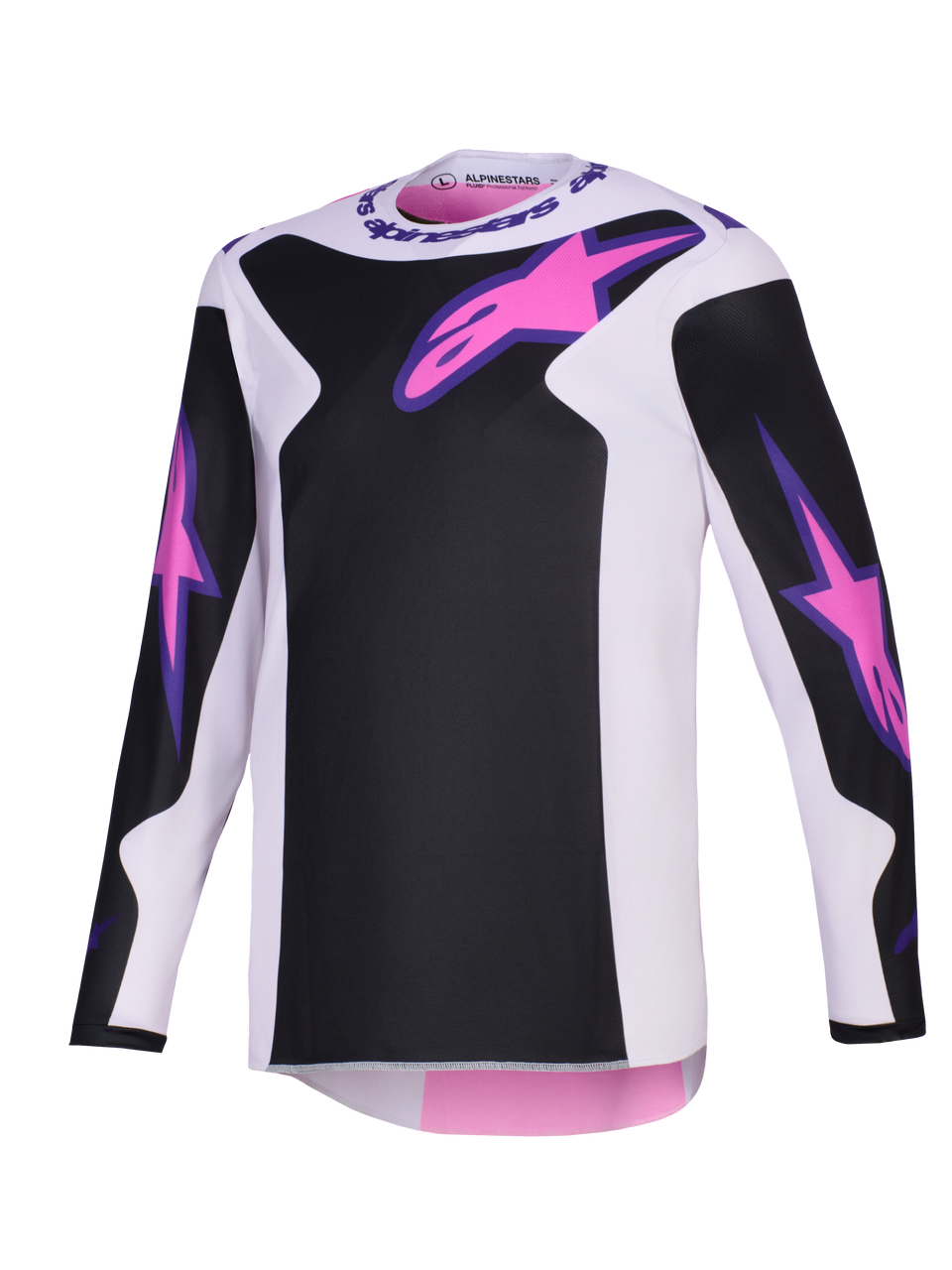 Alpinestars 2026 Fluid Grid Jersey, Motocross Jersey, Black, Light Gray, and Purple, featuring pink Astars logos on the chest and sleeves, black panels on a light gray base, long-sleeved athletic fit for off-road riding.