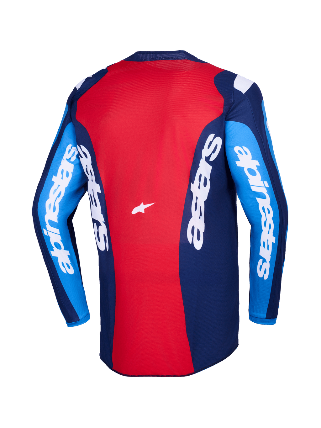 Alpinestars 2026 Fluid Grid Jersey, vista trasera, jersey de motocross rojo y azul, con logotipos de Alpinestars en blanco en las mangas y la espalda, diseño de polifabric ligero para conducción off-road