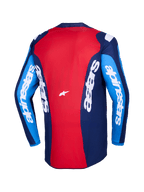 Alpinestars 2026 Fluid Grid Jersey, vista trasera, jersey de motocross rojo y azul, con logotipos de Alpinestars en blanco en las mangas y la espalda, diseño de polifabric ligero para conducción off-road
