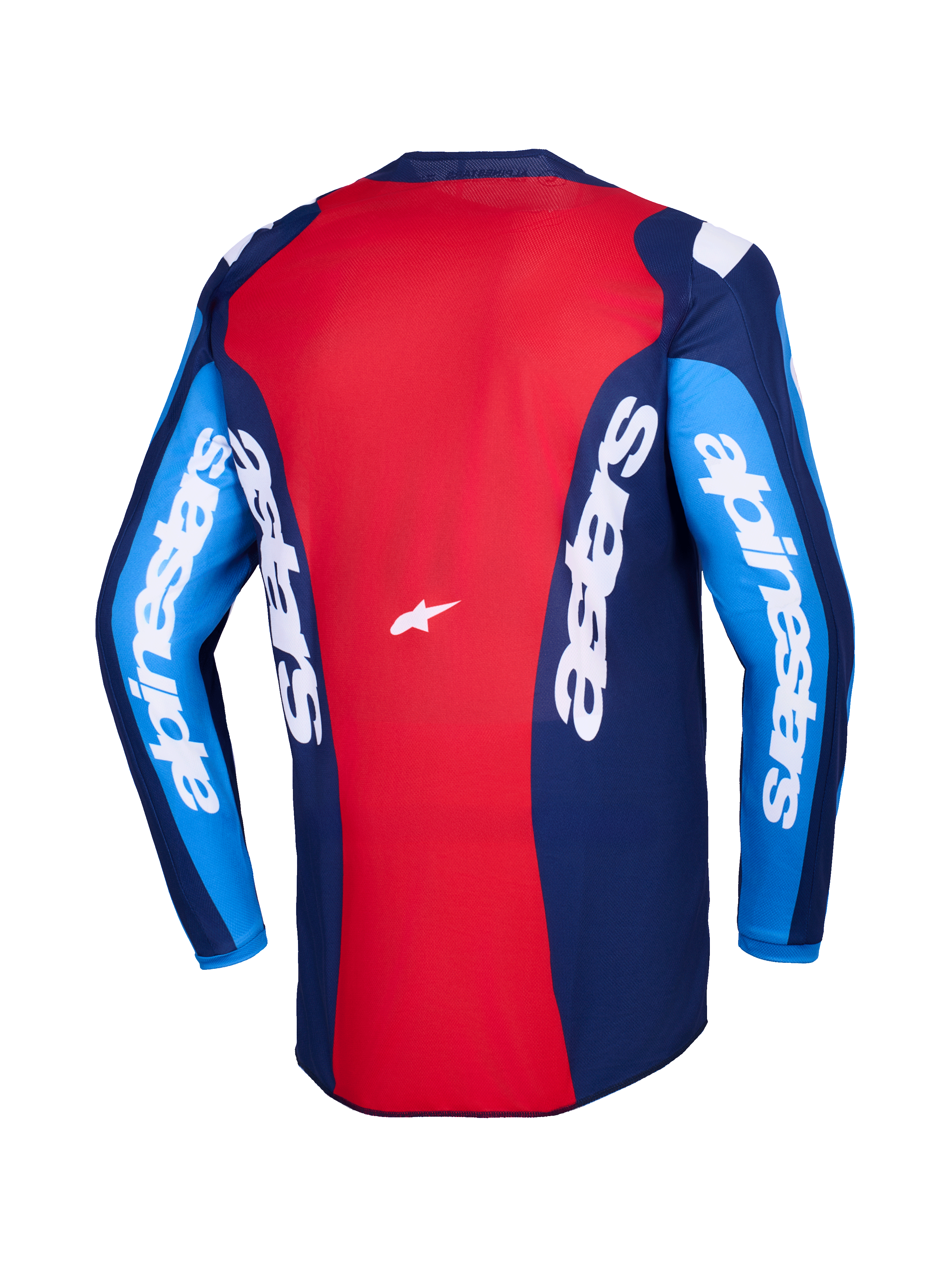 Alpinestars 2026 Fluid Grid Jersey, vista trasera, jersey de motocross rojo y azul, con logotipos de Alpinestars en blanco en las mangas y la espalda, diseño de polifabric ligero para conducción off-road