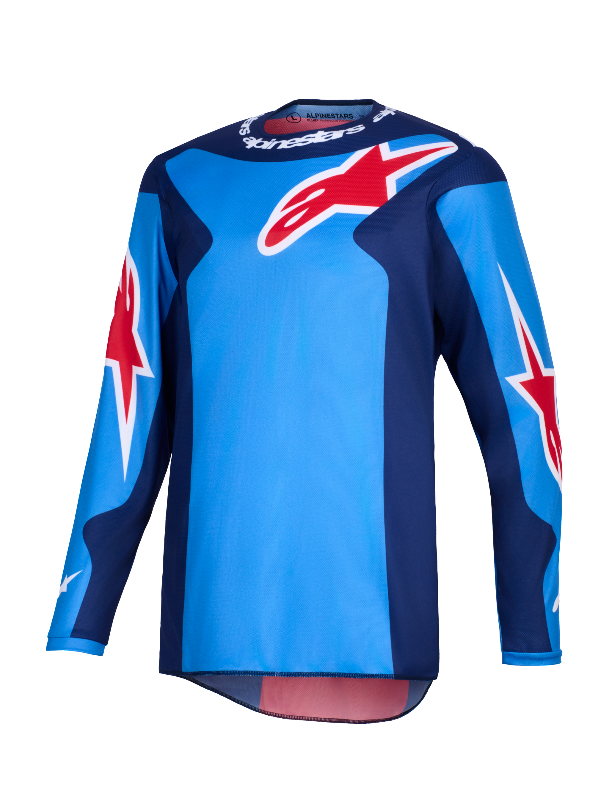 Alpinestars 2026 Fluid Grid Jersey, jersey de motocross, azul y rojo, con grandes logotipos rojos de la estrella de Alpinestars, paneles laterales azul oscuro y construcción de polifabric ligero con parte trasera más larga para conducción off-road.