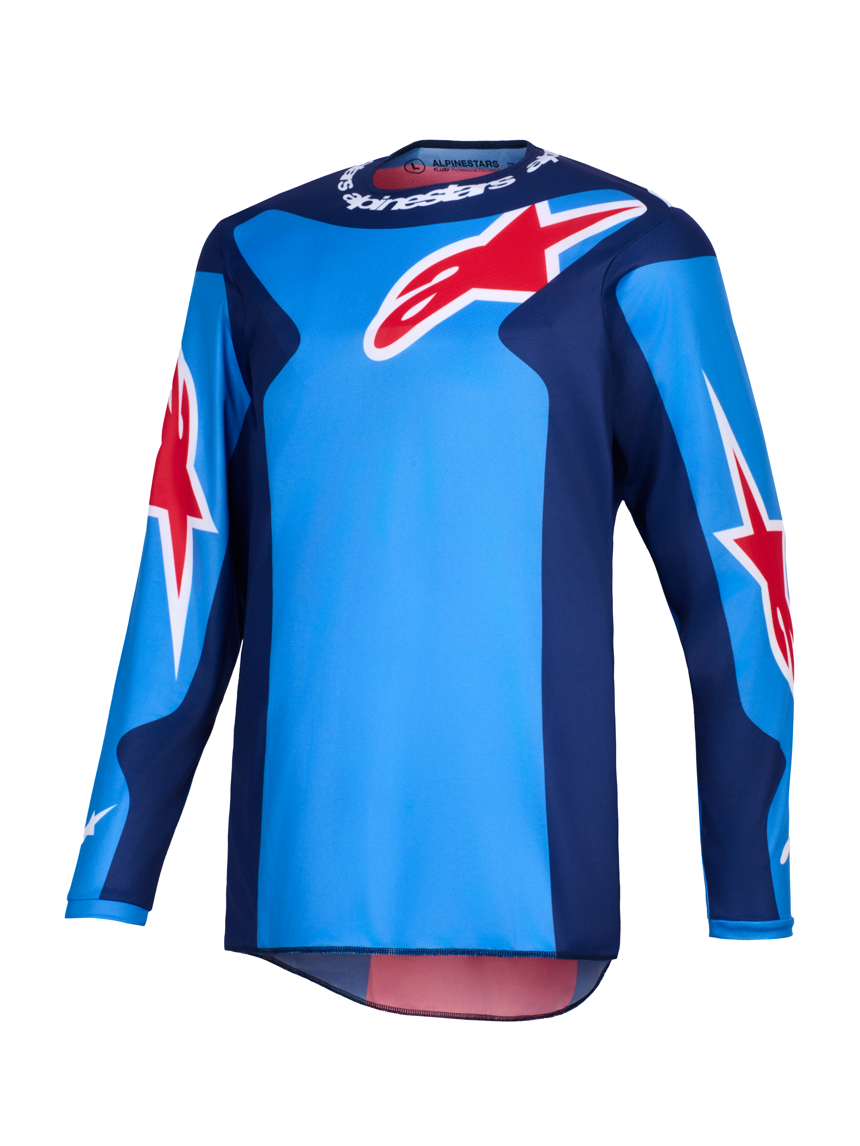 Alpinestars 2026 Fluid Grid Jersey, jersey de motocross, azul y rojo, con grandes logotipos rojos de la estrella de Alpinestars, paneles laterales azul oscuro y construcción de polifabric ligero con parte trasera más larga para conducción off-road.