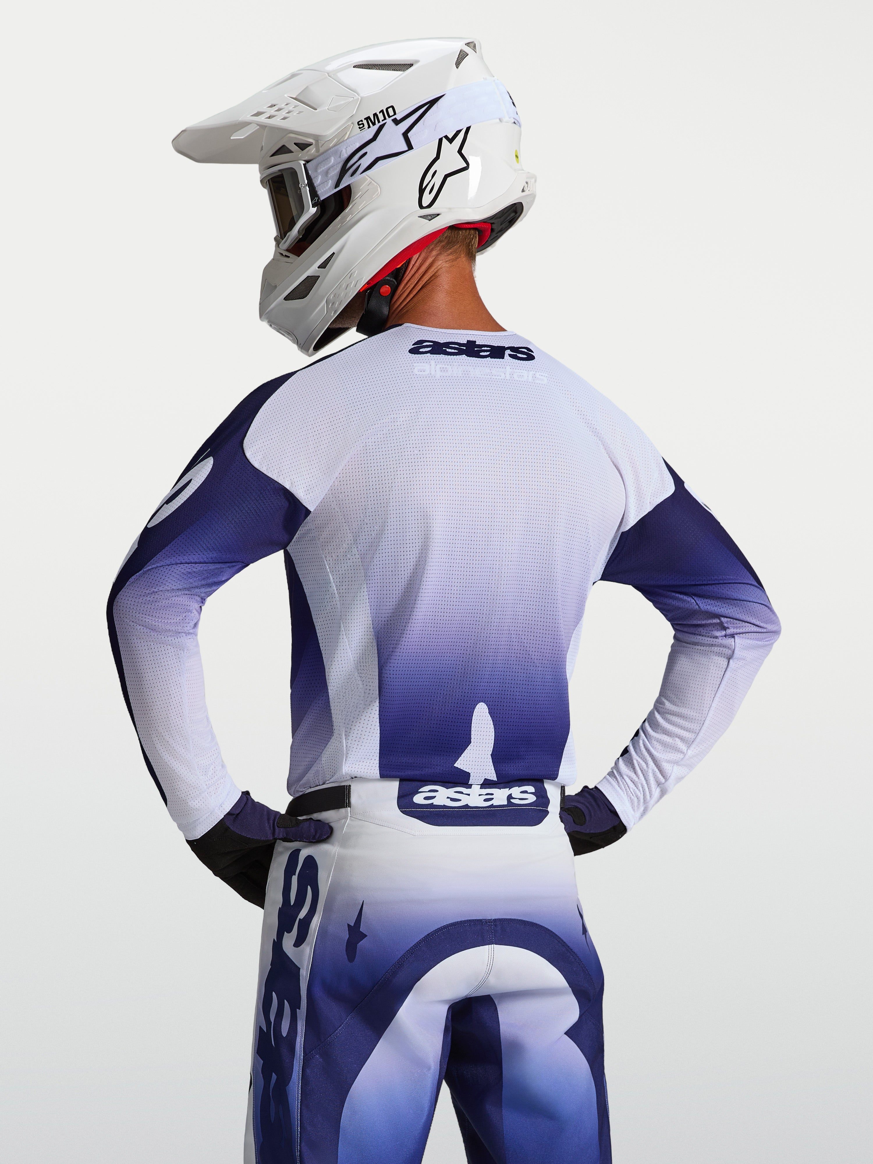 Alpinestars Jersey Racer Air Amber, jersey de motocross para hombre, azul y blanco, vista trasera con malla ventilada