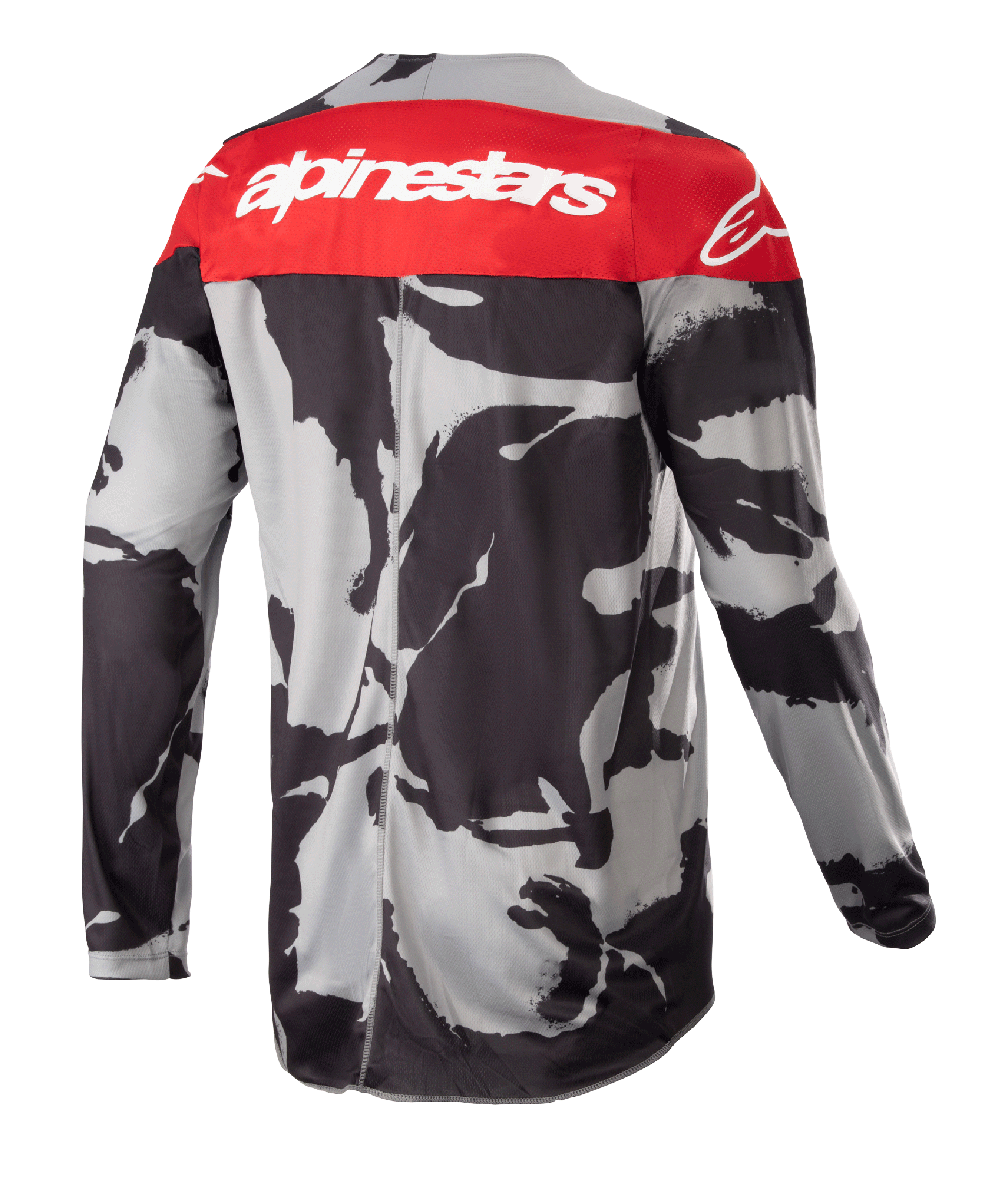 Alpinestars 2023 Racer Tactical Jersey, jersey de motocross, Cast Gray Camo y Mars Red, vista trasera con un panel superior rojo con el logo de Alpinestars en blanco y un patrón de camuflaje gris y negro, prenda ligera de alto rendimiento para todoterreno