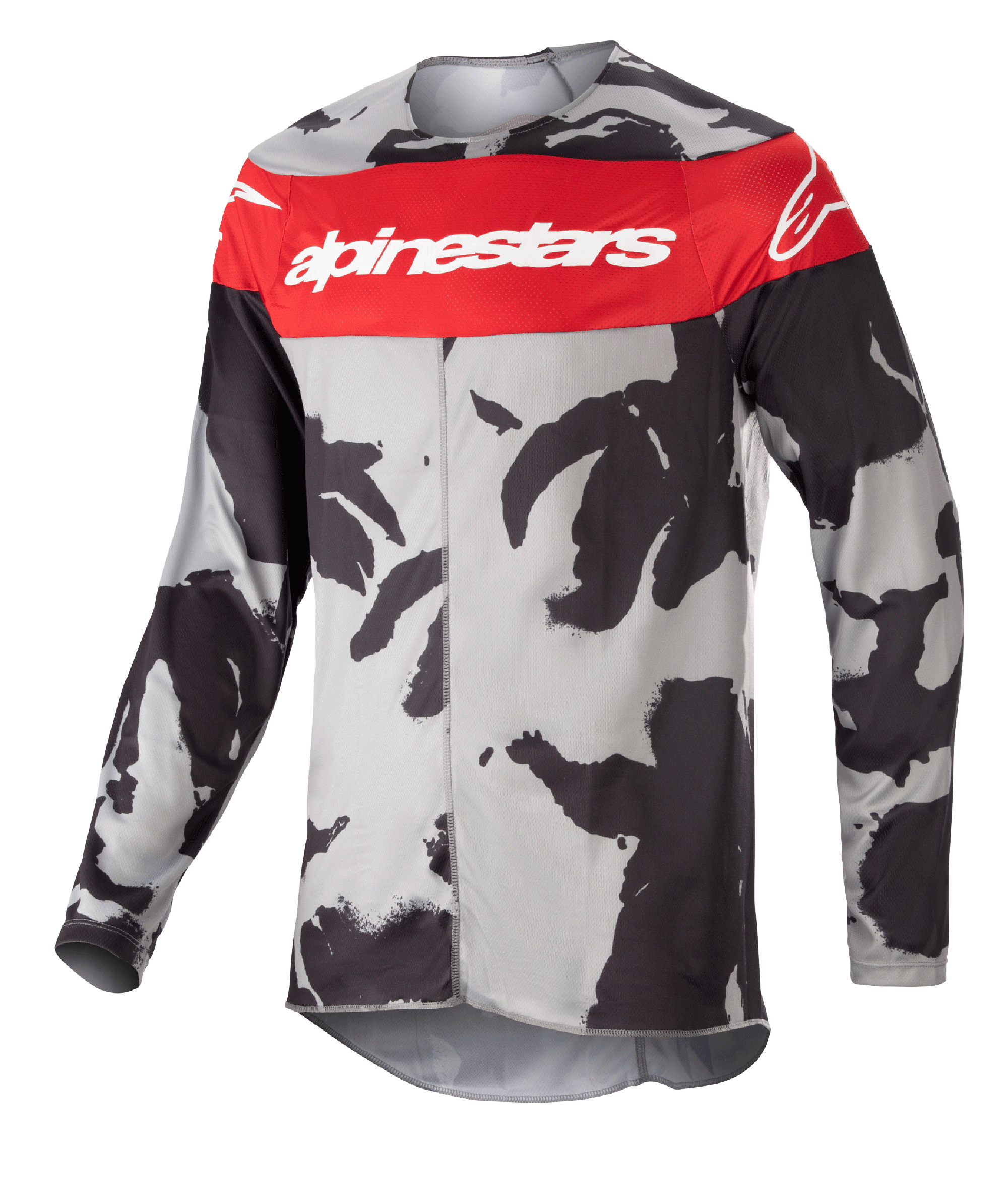 Alpinestars Racer Tactical Jersey 2023, jersey de motocross, camuflaje gris y rojo Mars, franja roja prominente en el pecho con la marca Alpinestars en blanco, patrón de camuflaje negro y gris, prenda técnica de manga larga para carreras off-road