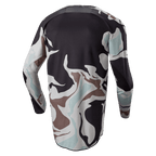 Alpinestars 2024 Racer Tactical Jersey, Iron Camo Dust Gray, back view of long-sleeve motocross jersey featuring a camouflage pattern in gray, black, light blue, and tan, with an extended rear hem for coverage.