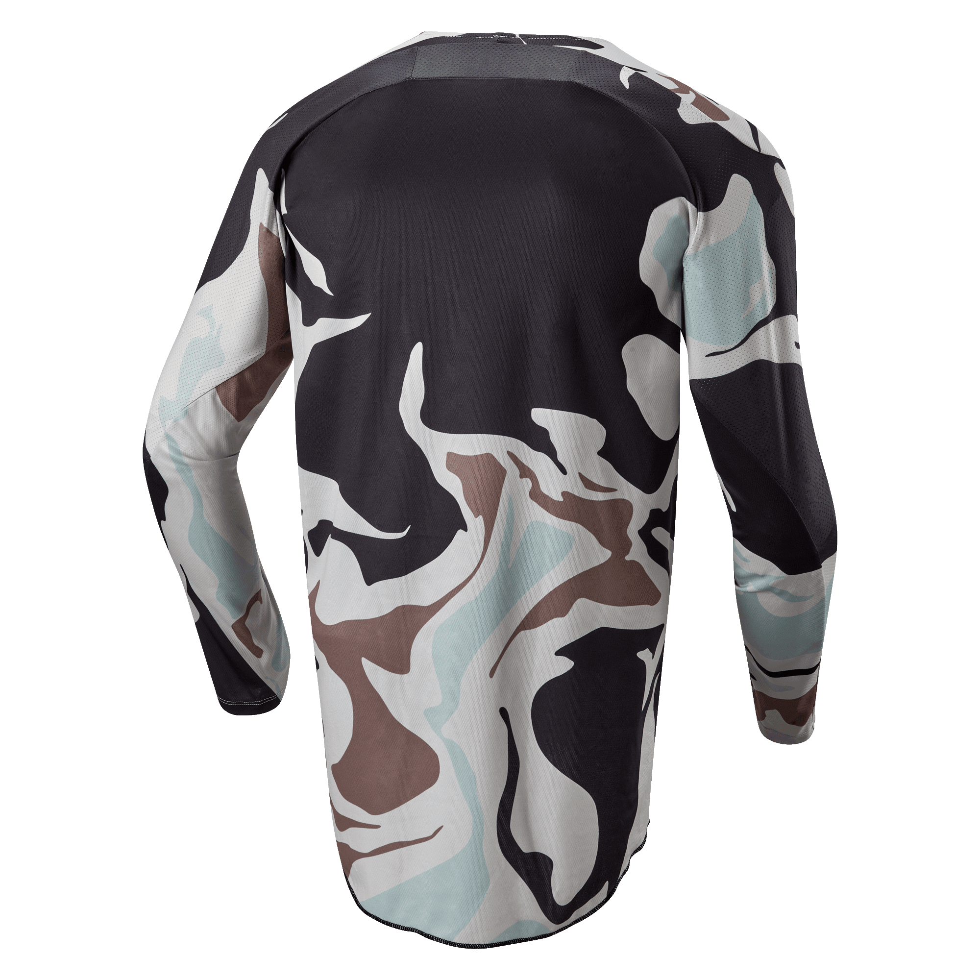 Alpinestars 2024 Racer Tactical Jersey, Iron Camo Dust Gray, back view of long-sleeve motocross jersey featuring a camouflage pattern in gray, black, light blue, and tan, with an extended rear hem for coverage.
