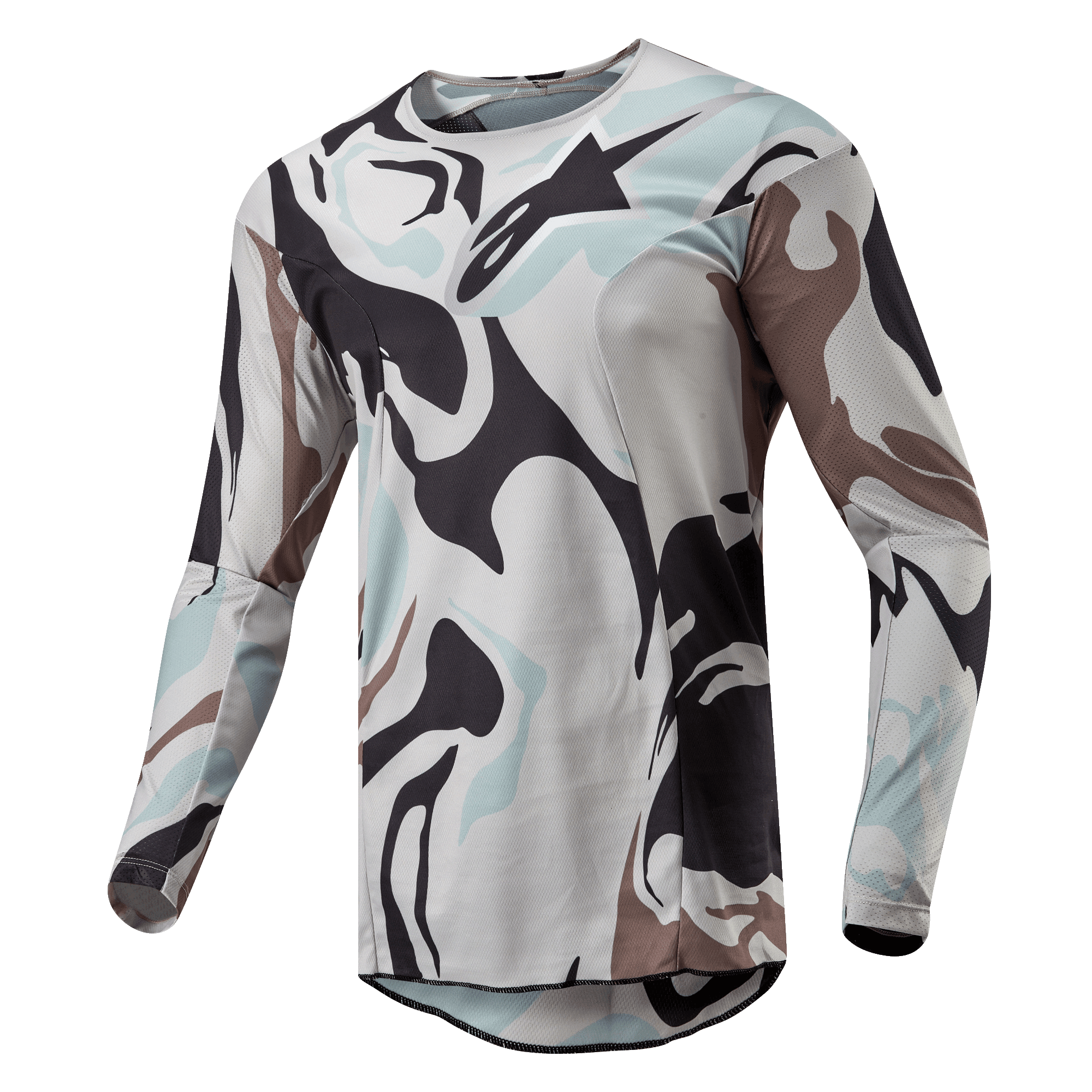 Alpinestars 2024 Racer Tactical Jersey, Motocross Jersey, Iron Camo Dust Gray, featuring a bold camouflage pattern in light gray, dark gray, and pale blue tones, lightweight poly-fabric construction with breathable mesh inserts, ergonomic sport fit.