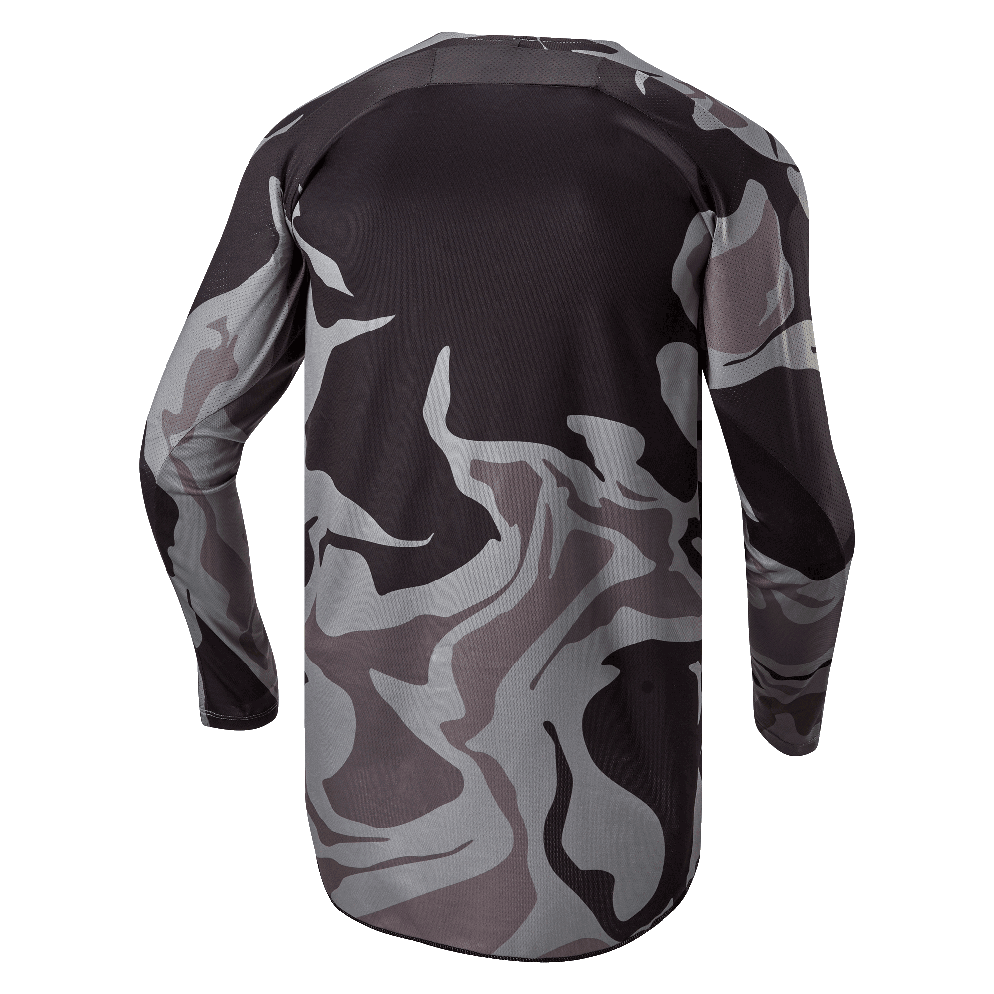 Alpinestars 2024 Racer Tactical Jersey, jersey de motocross, Cast Gray Camo Magnet, vista trasera que muestra el patrón de camuflaje gris y negro, tejido transpirable y dobladillo trasero extendido para mayor cobertura