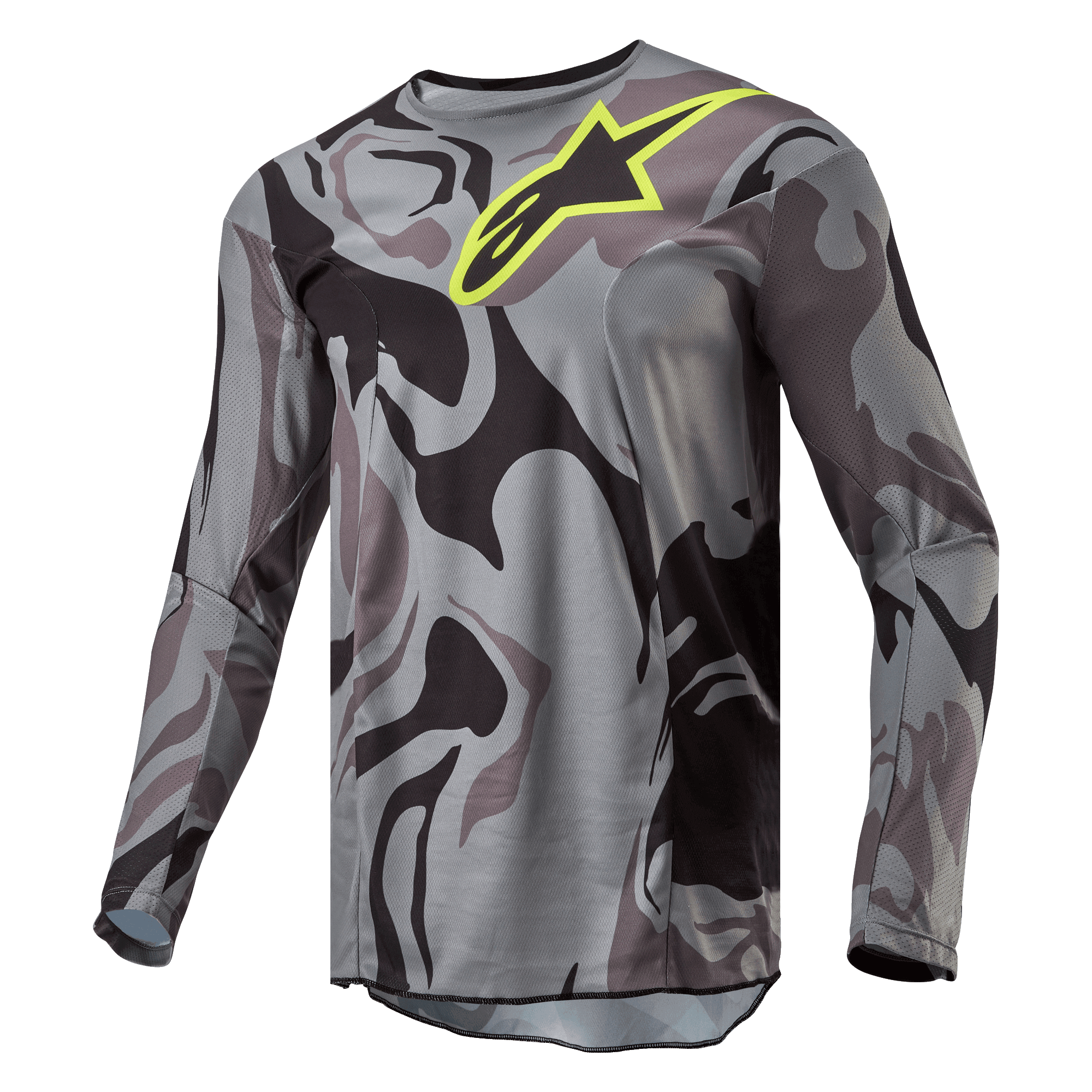 Alpinestars Jersey Táctico Racer 2024, jersey de motocross, Cast Gray Camo Magnet, patrón de camuflaje en gris y negro con un logotipo de Alpinestars en amarillo brillante en el pecho, manga larga, equipamiento de alto rendimiento para conducción todoterreno
