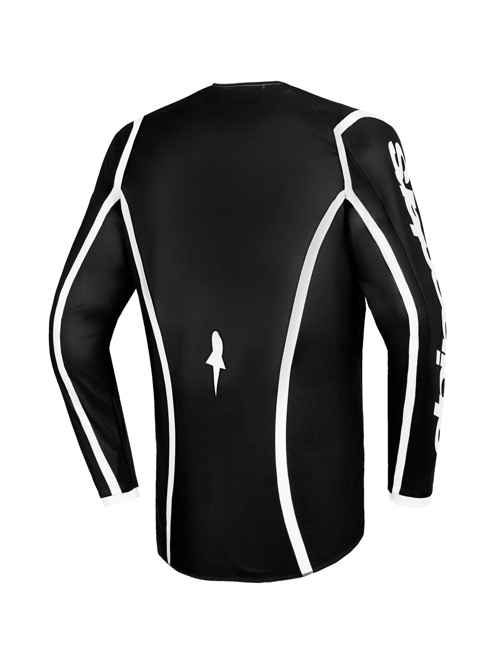 Alpinestars 2026 Fluid Apex Jersey, jersey de motocross, negro con ribetes blancos curvos, vista trasera que muestra el corte ergonómico y un pequeño logotipo blanco, jersey de manga larga de alto rendimiento para carreras off-road