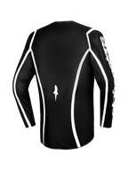 Alpinestars 2026 Fluid Apex Jersey, jersey de motocross, negro con ribetes blancos curvos, vista trasera que muestra el corte ergonómico y un pequeño logotipo blanco, jersey de manga larga de alto rendimiento para carreras off-road