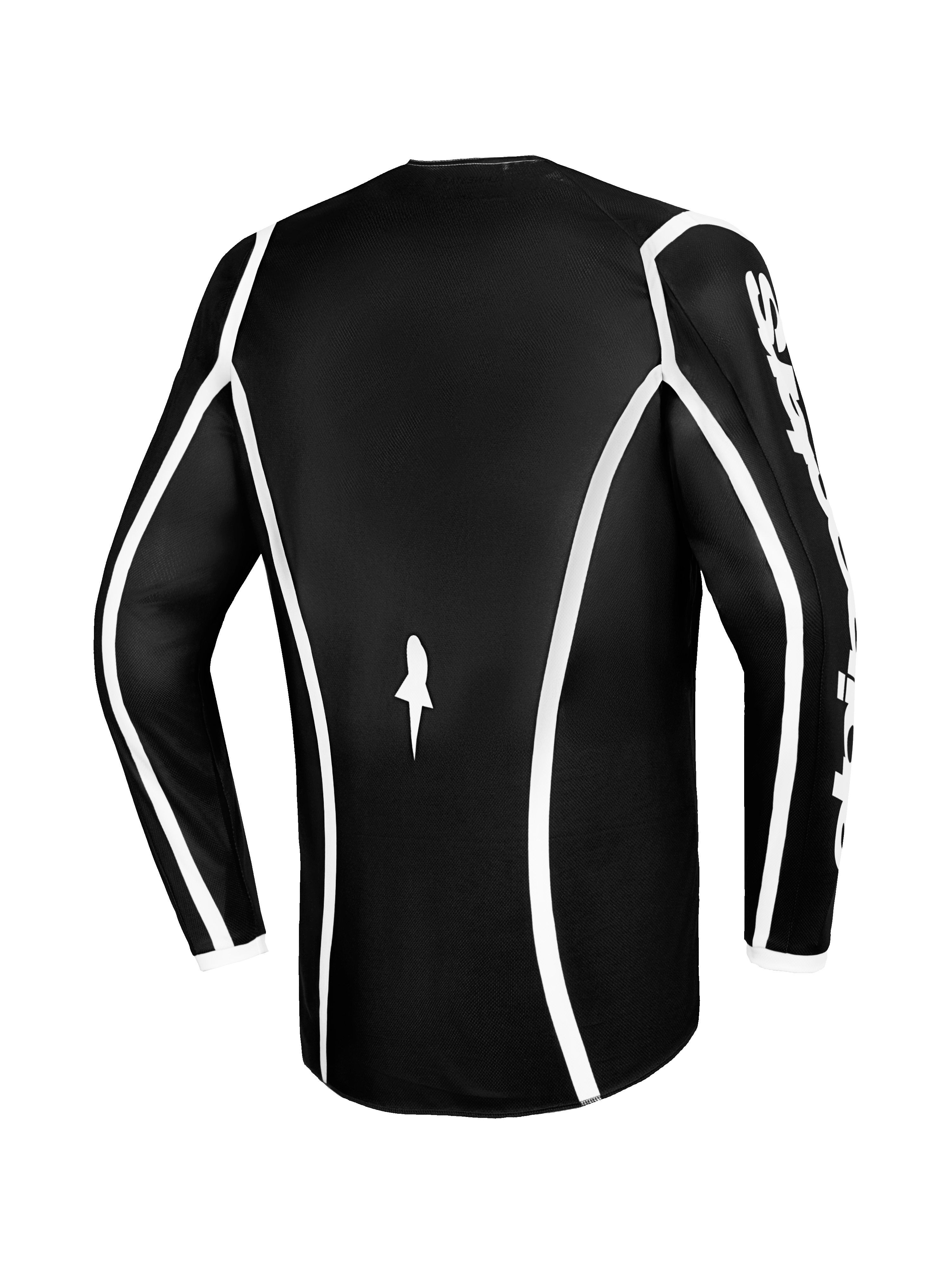 Alpinestars 2026 Fluid Apex Jersey, jersey de motocross, negro con ribetes blancos curvos, vista trasera que muestra el corte ergonómico y un pequeño logotipo blanco, jersey de manga larga de alto rendimiento para carreras off-road