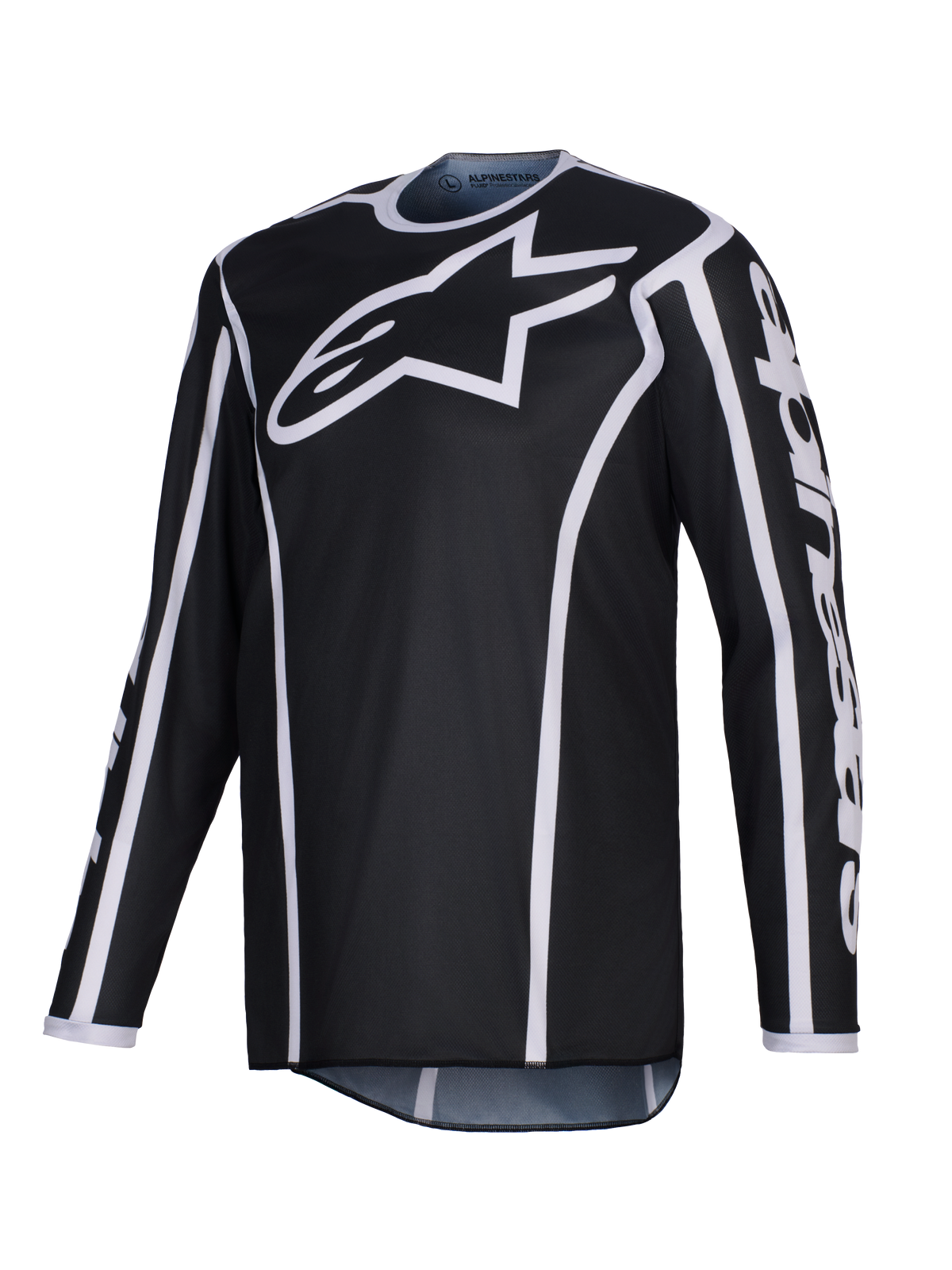 Alpinestars 2026 Fluid Apex Jersey, Motocross Jersey, Black with white accents, large white logo on chest, white trim along the seams, long-sleeve performance polyfabric for off-road racing