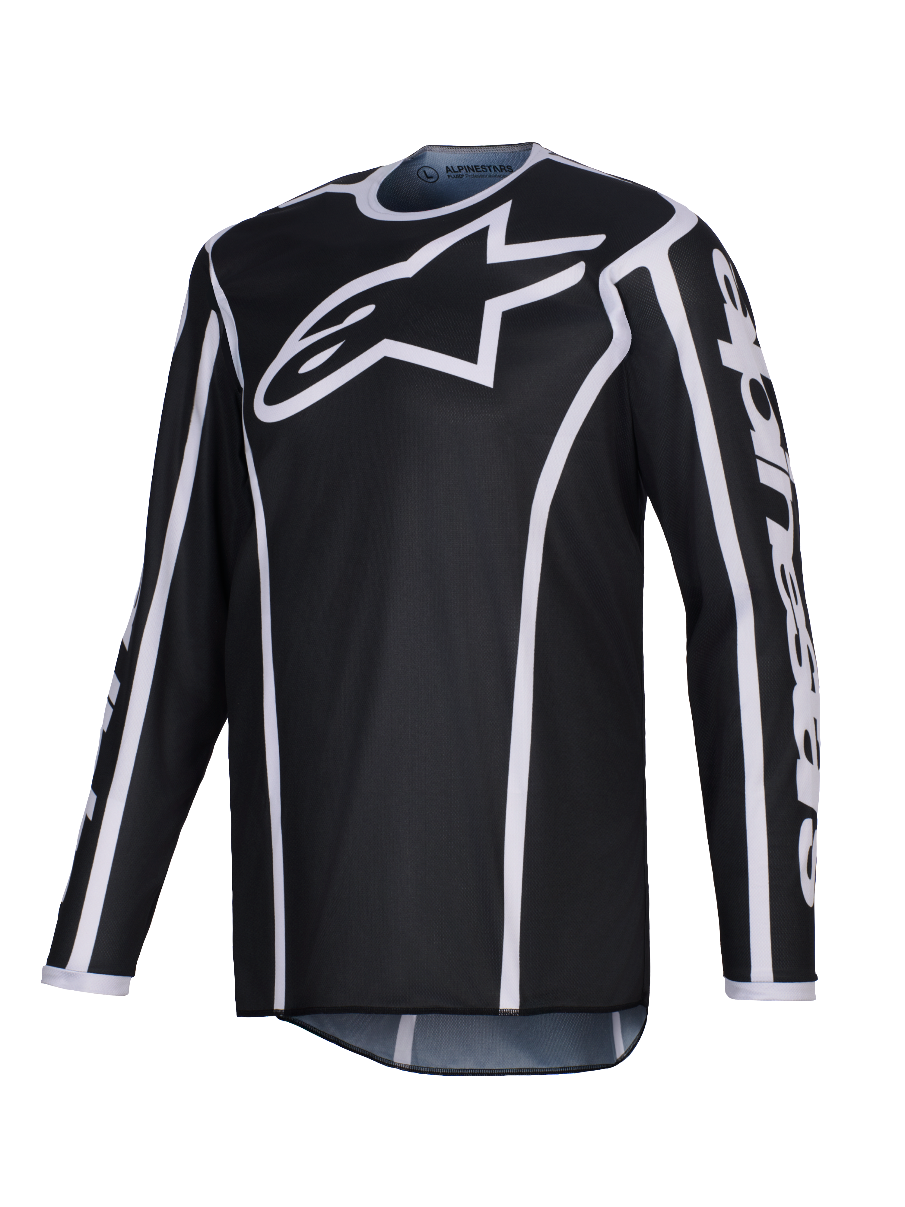 Alpinestars 2026 Fluid Apex Jersey, jersey de motocross, negro con detalles blancos, logotipo blanco grande en el pecho, ribetes blancos a lo largo de las costuras, tejido técnico de manga larga para carreras todoterreno