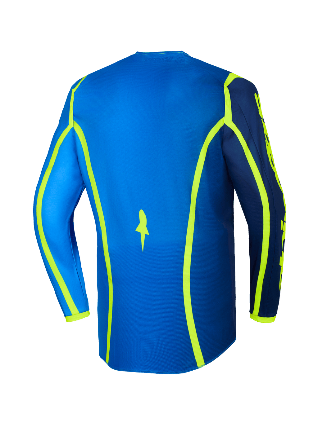 Alpinestars 2026 Fluid Apex Jersey, jersey de motocross, azul y amarillo flúor, vista trasera con líneas gráficas en amarillo neón y parte trasera más larga, equipamiento todoterreno ligero y transpirable