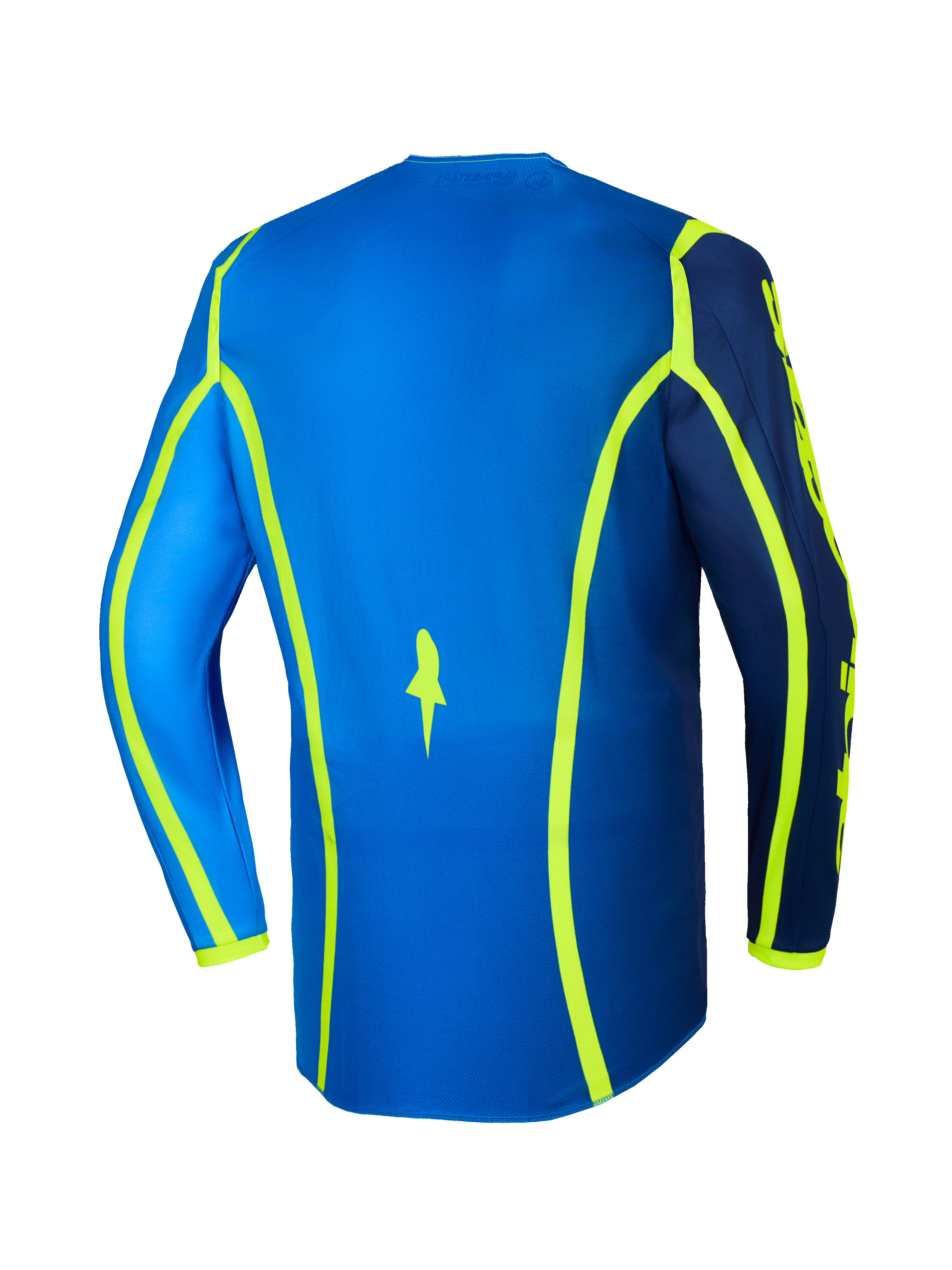 Alpinestars 2026 Fluid Apex Jersey, jersey de motocross, azul y amarillo flúor, vista trasera con líneas gráficas en amarillo neón y parte trasera más larga, equipamiento todoterreno ligero y transpirable