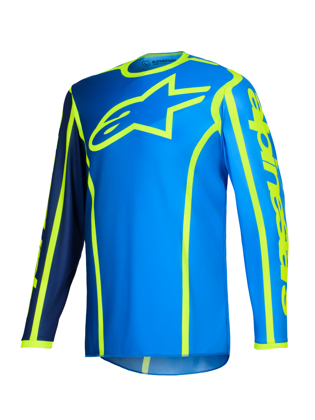Alpinestars 2026 Fluid Apex Jersey, jersey de motocross, azul y amarillo flúor, gran logotipo de estrella amarillo fluorescente en el pecho, mangas largas con secciones en azul marino y azul brillante, marca vertical en el brazo, equipamiento deportivo todoterreno