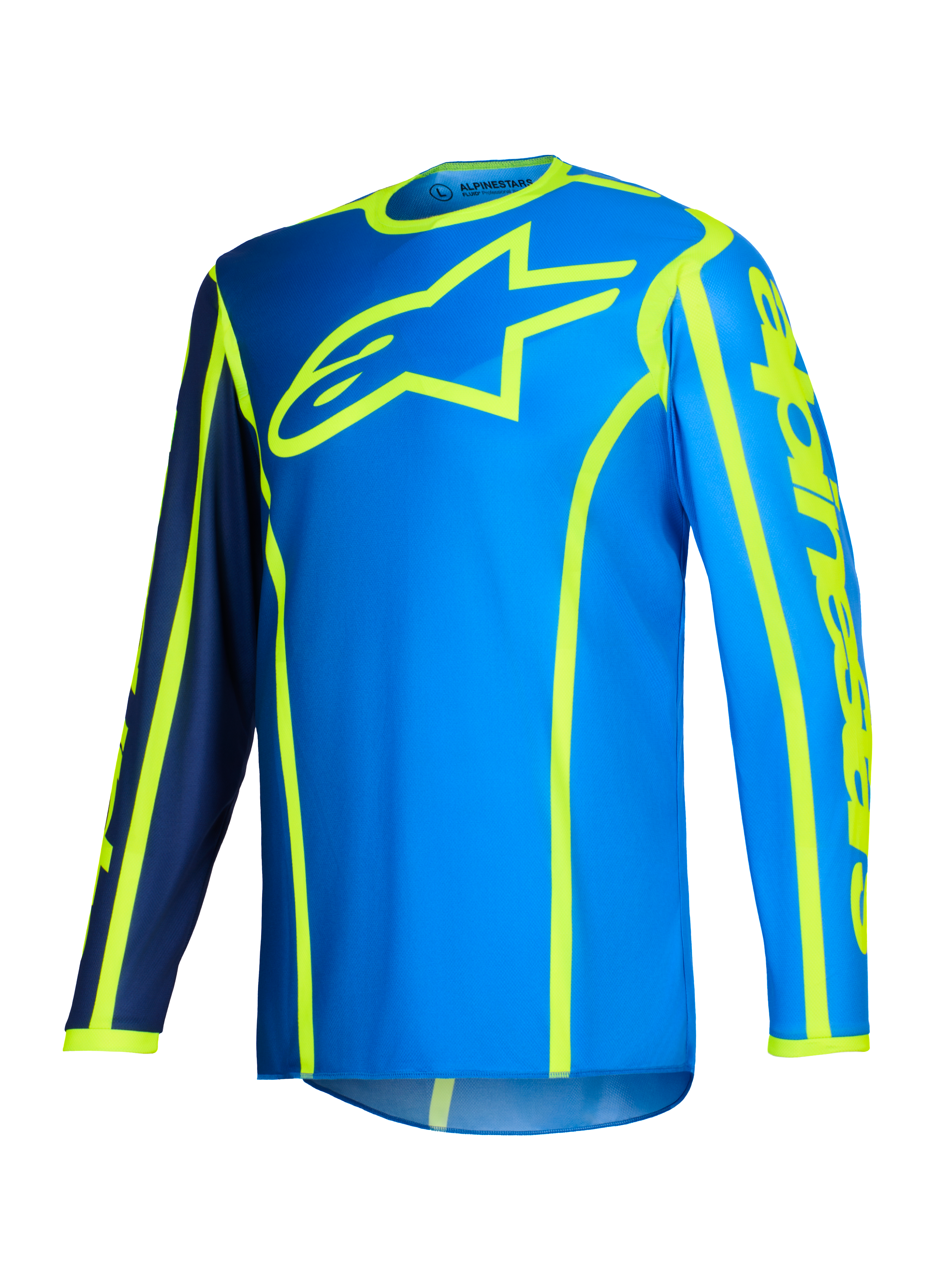 Alpinestars 2026 Fluid Apex Jersey, jersey de motocross, azul y amarillo flúor, gran logotipo de estrella amarillo fluorescente en el pecho, mangas largas con secciones en azul marino y azul brillante, marca vertical en el brazo, equipamiento deportivo todoterreno